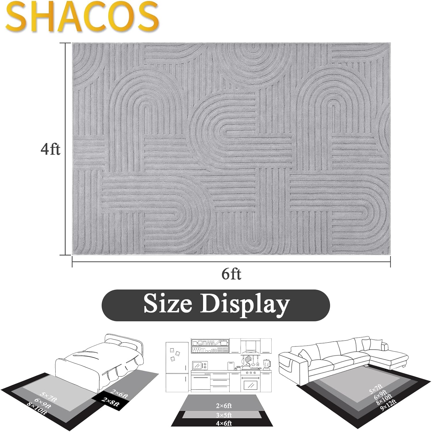 shacos soft cozy fluffy arch pattern high low pile rugs 4'x6' non slip washable scandinavian minimalist rug modern geometric arc carpet for living room bedroom dining room, light grey 4'x6' light grey