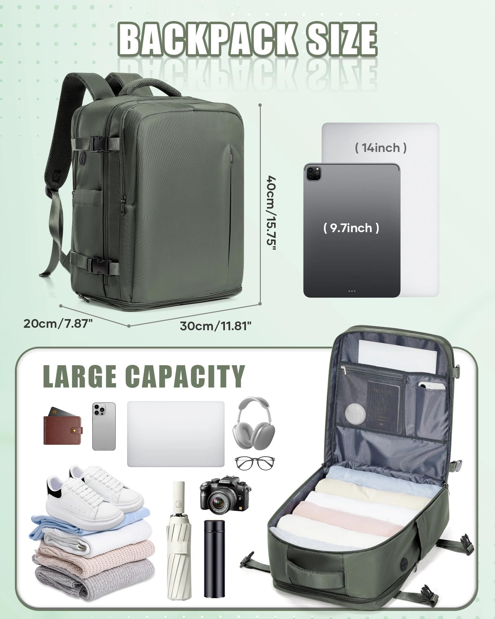 SZLX Zaino Ryanair 40x30x20 Sottovuoto Zaino da Viaggio 40x20x25 Ryanair Wizzair Donna da escursionismo impermeabile Zaino Casual Laptop da 14 Pollici con porta di ricarica USB Scomparto per Scarpe