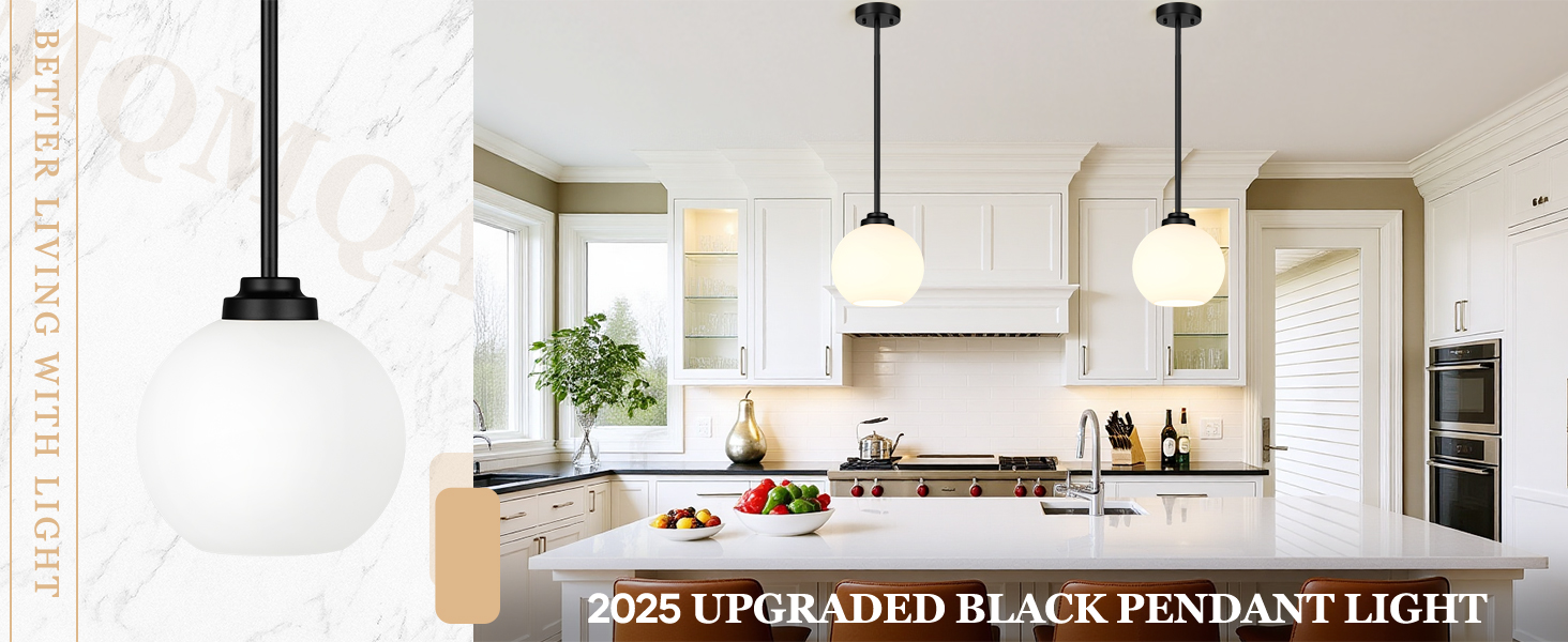 Image of MQMQA 2 Pack Globe Pendant Lights, Mid Century Matte Black Pendant Light Fixtures, Globe Pendant Lights Kitchen Island with Milk Glass Shade Hanging Fixture for Dining Room (Bulbs not Included)