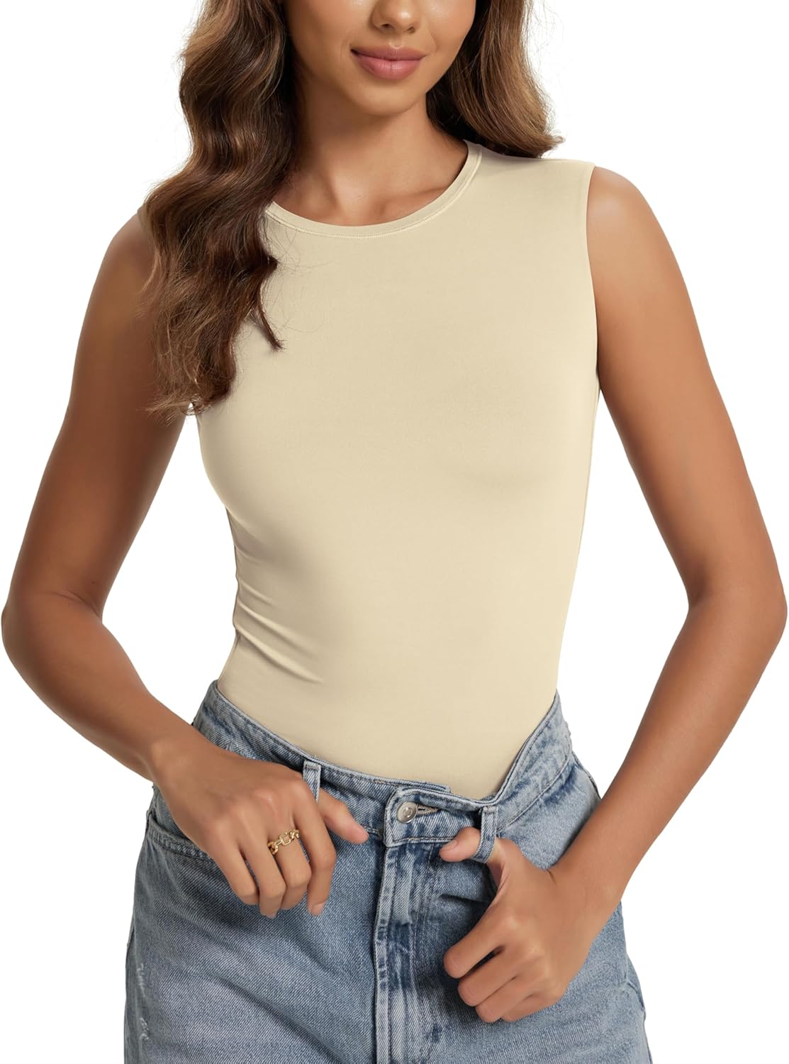 ODODOS Women's Double Layer Sleeveless Tee Ultra-Soft Lightweight Crew Neck Basic T-Shirts Slim Fit Tank Top