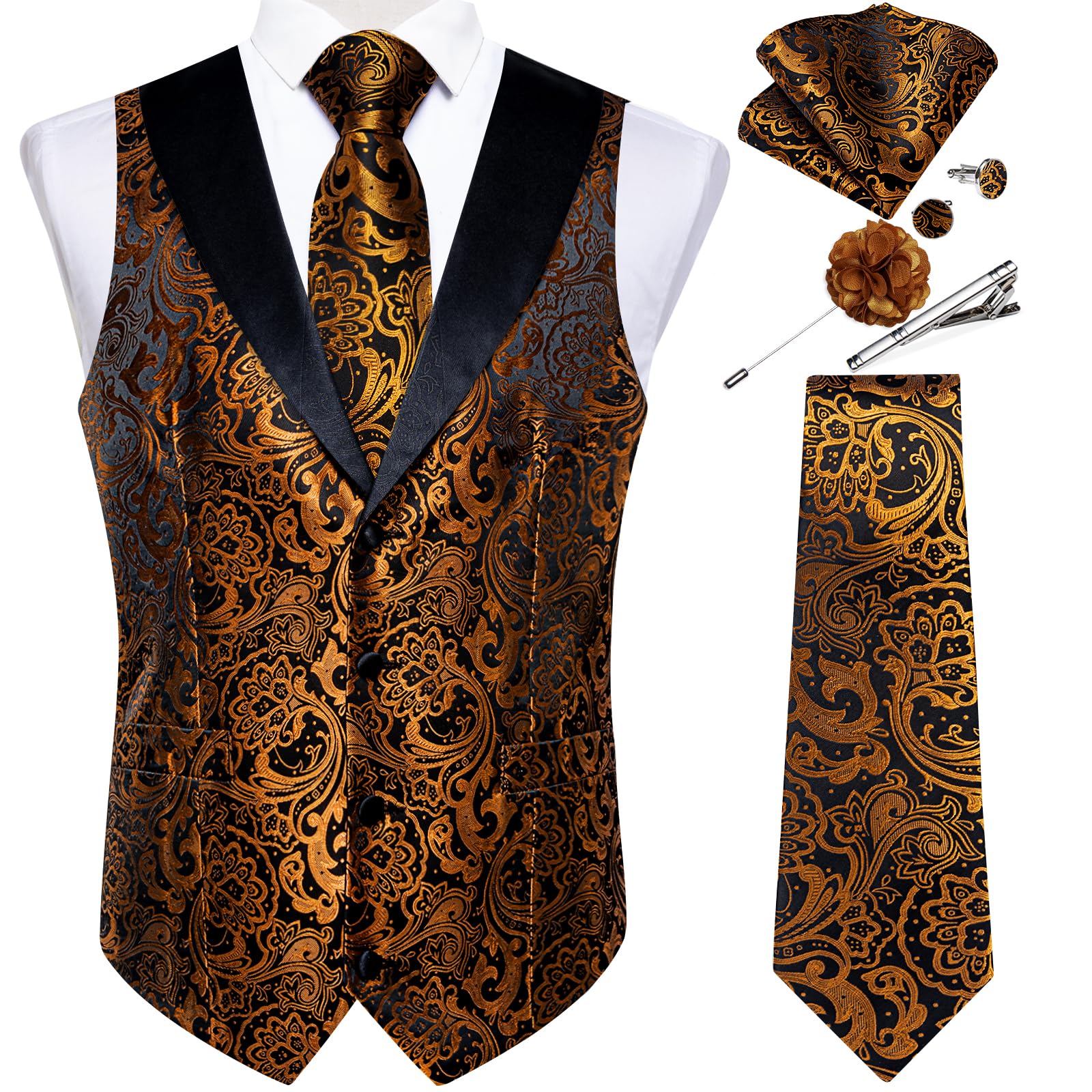 DiBanGu Mens Paisley Suit Vest Silk Jacquard Waistcoat and Necktie Set Formal Shawl Collar Dress Vest 7PCS for Wedding Party