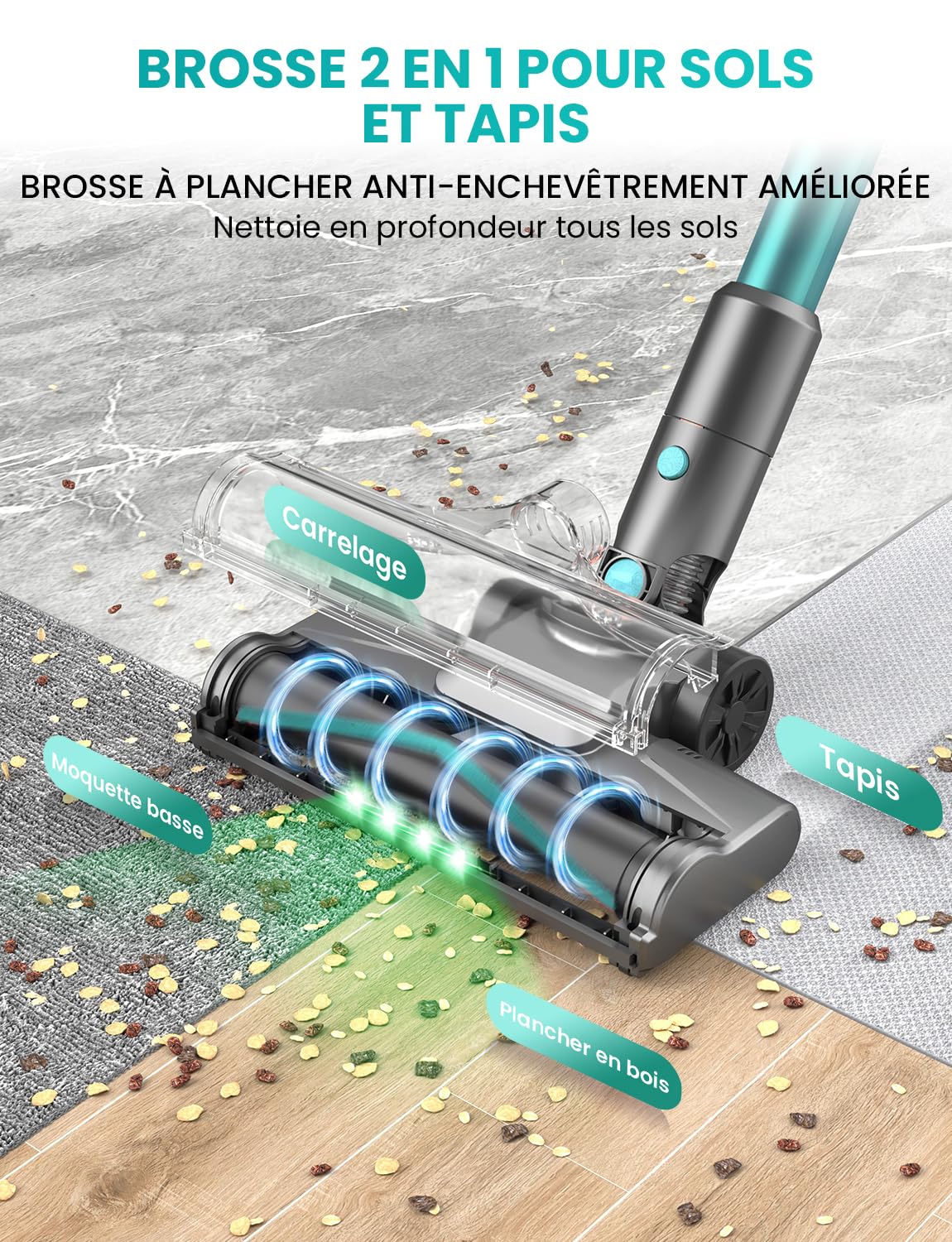 Aspirateur Balai sans Fil 45KPa, Aspirateur sans Fil Puissant, 50 Min Autonomie, Batterie Amovible, Brosse Anti-Enchevêtrement LED, Aspirateur Léger pour Poils d'animaux, Tapis, Sols Durs Canapé