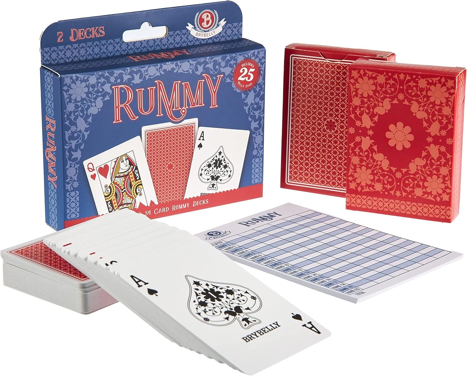 Rummy Card Game Kit - Classic Family Melding Game for 2-6 Players - Two Plastic-Coated Poker-Size, Standard Index Decks of 54 Cards + 25 Tear-Away Score Pads + Full Instructions for Gin Rummy