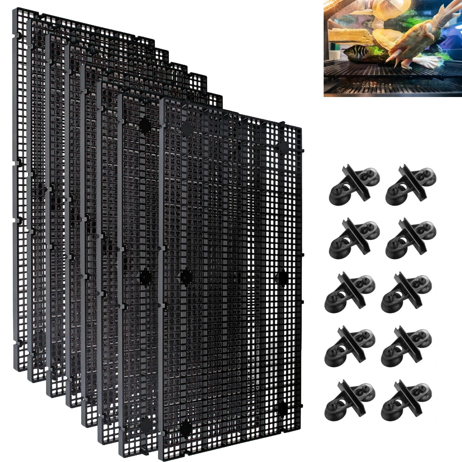 8Pcs Reinforced Aquarium Grid Plastic, Fish Tank Divider with 10pcs Suction Cups, Egg Crate for DIY Filtration and Bottom Protection in Aquascaping (Black, 5.9x11.8in/15X30cm)