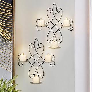 Wall Candle Sconce Holder Set of 2, Metal Wall Sconces Decor Hanging Wall Mounted Candle Stick Holder, Black Candlestick Holders Wall Decor for Bedroom Living Room Dining Room, 14.4"×11.8"
