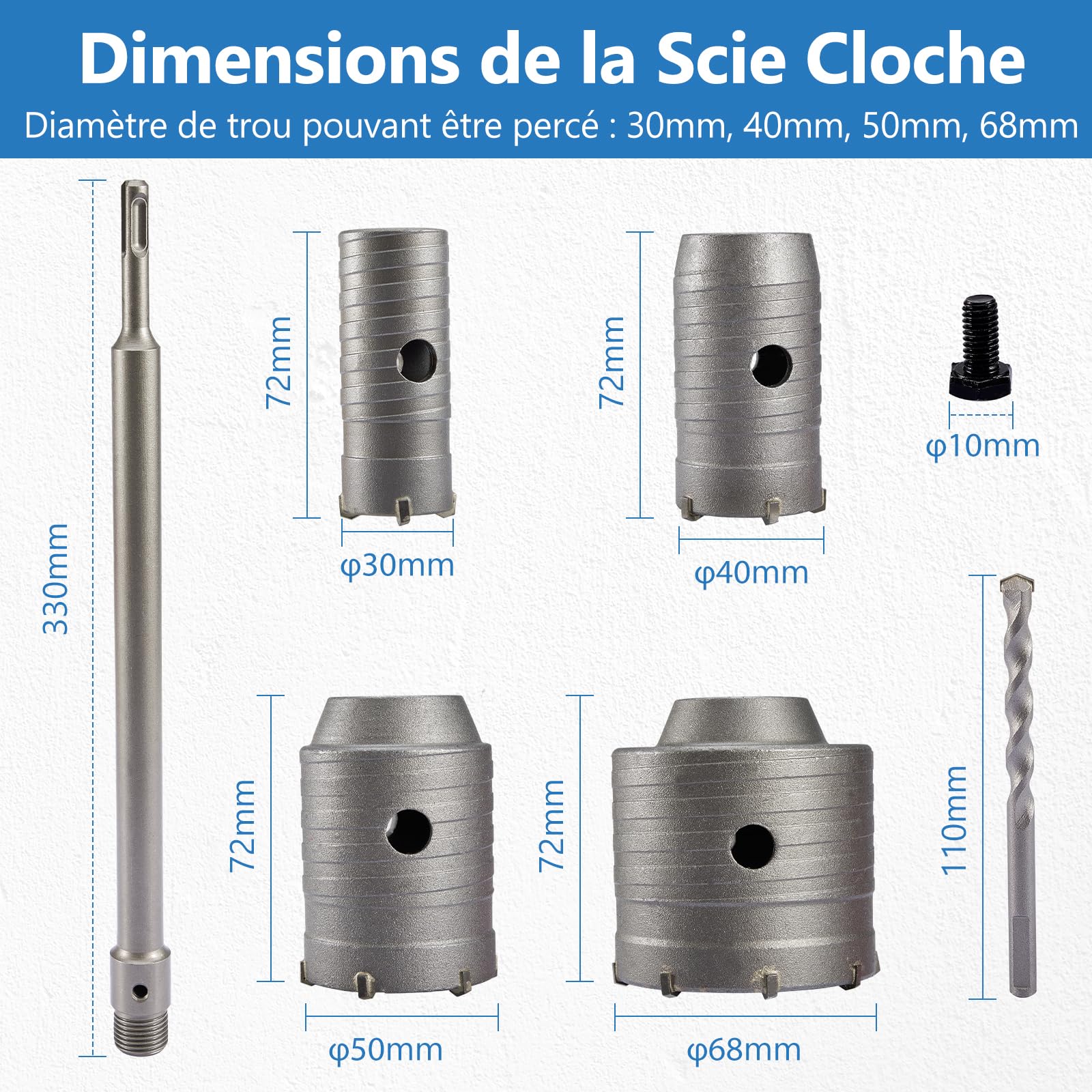 Scie Cloche Beton 68mm 50mm 40mm 30mm | Set de Scies-cloches en Acier au Carbone avec Foret 7mm et Manche SDS Plus 330mm, pour Perforation de Murs