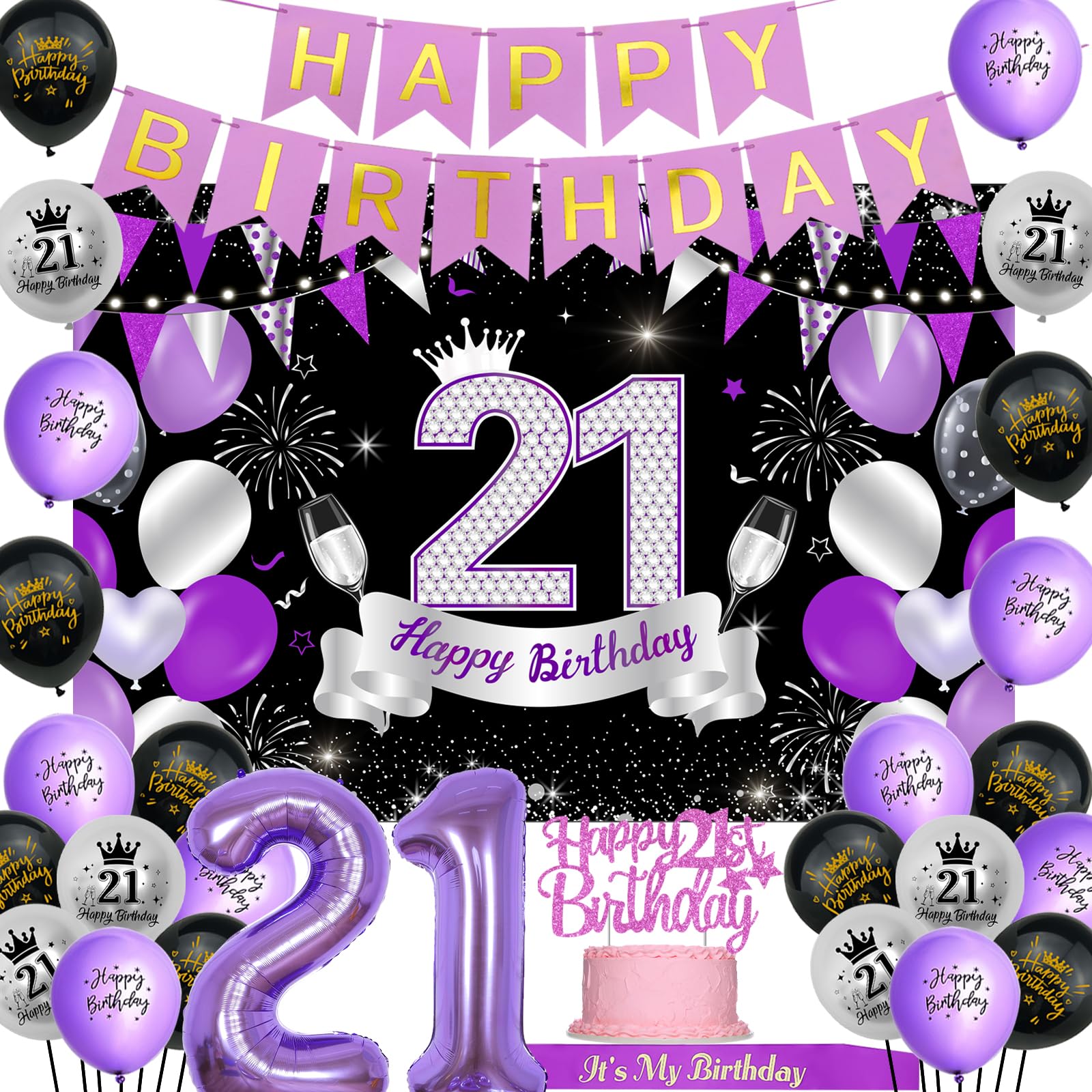 Balterever Purple & Black 21st Birthday Decorations Kit - Backdrop, Banner, Sash, Balloons - View #13