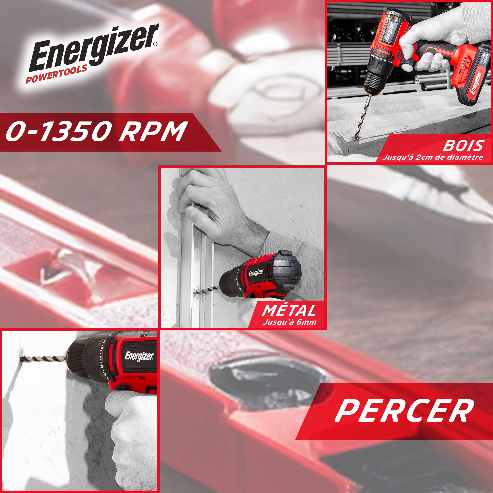 Energizer - Wiertarka akumulatorowa 20 V ultralekki moment obrotowy 40 Nm, 2 prędkości (1850 obr./min), uchwyt 10 mm, w zestawie 2 baterie 20 V 2 AH + szybka ładowarka, narzędzie o wysokiej wydajności