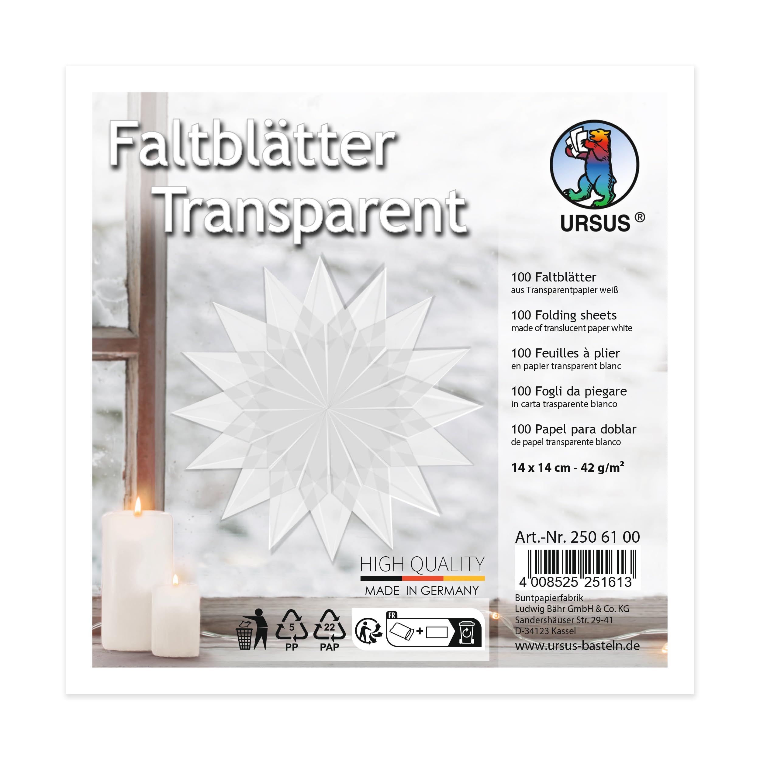 Ursus 2506100 Folding Sheets Made of White Tracing Paper, Approx. 14 x 14 cm, 42 g/m², 100 Sheets, for Folding Transparent Shimmering Figures, Coloured