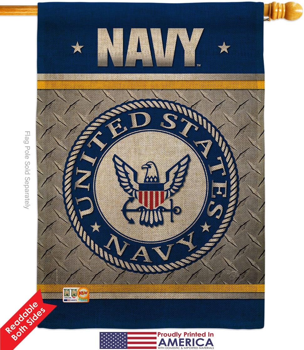 US Navy Burlap House Flag Dowel Set Armed Forces USN Seabee United State American Military Veteran Retire Official Small Decorative Gift Yard Banner Double-Sided Made In USA 28 X 40
