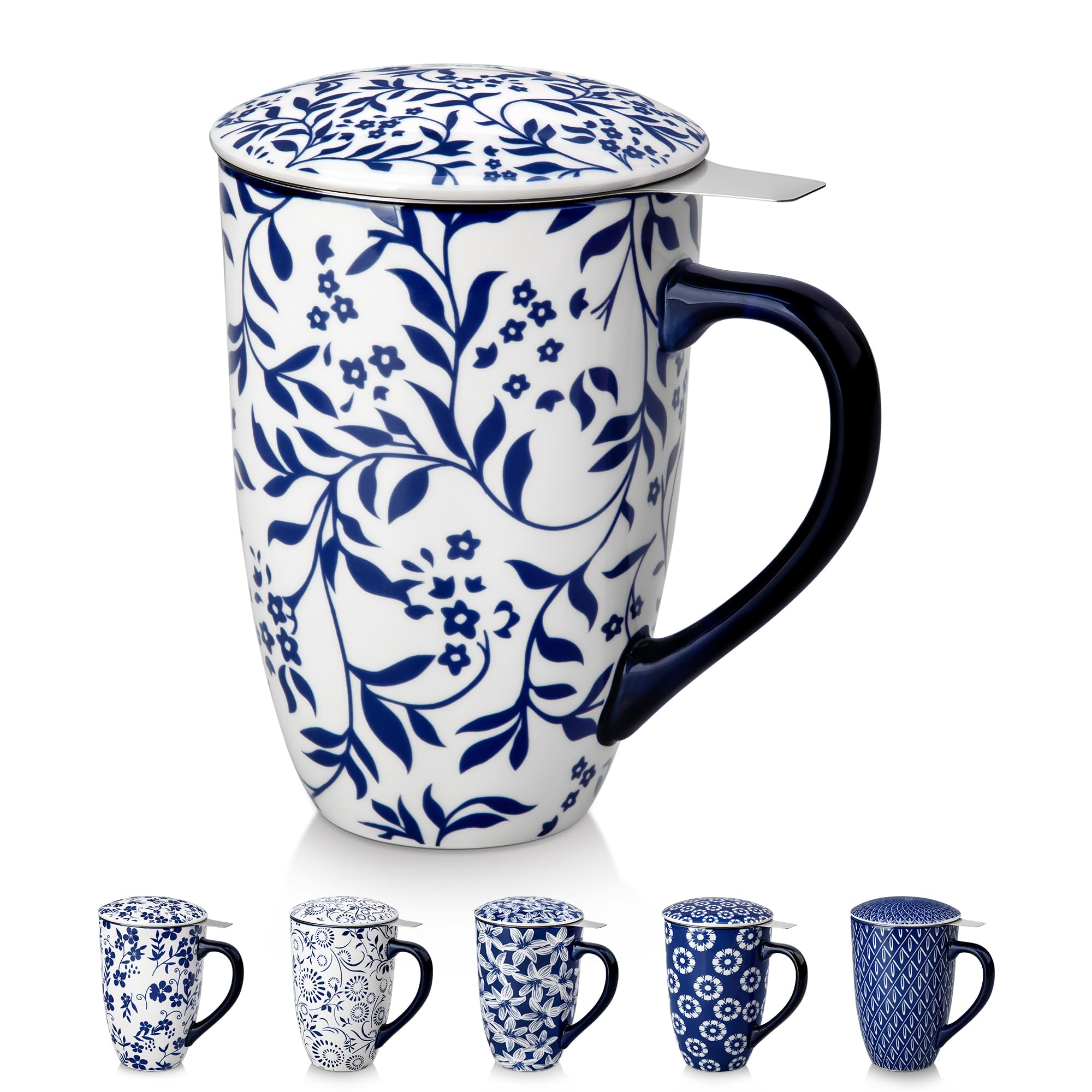 vancasso SELENE Porcelain Tea Mug, 18 oz Porcelain Tea Cup with Infuser and Lid Steeps Loose Leaf Tea, Microwave &amp; Dishwasher Safe, Delicate Floral