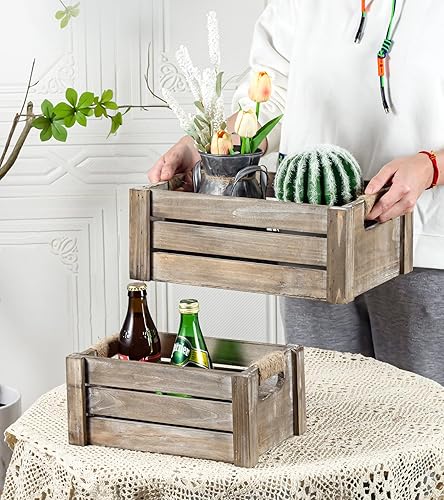 Miniatura 5 de TIMRIS Juego de 3 cajas de madera rústica, cajas de almacenamiento de madera de granja con asas recortadas, cestas de madera decorativas para