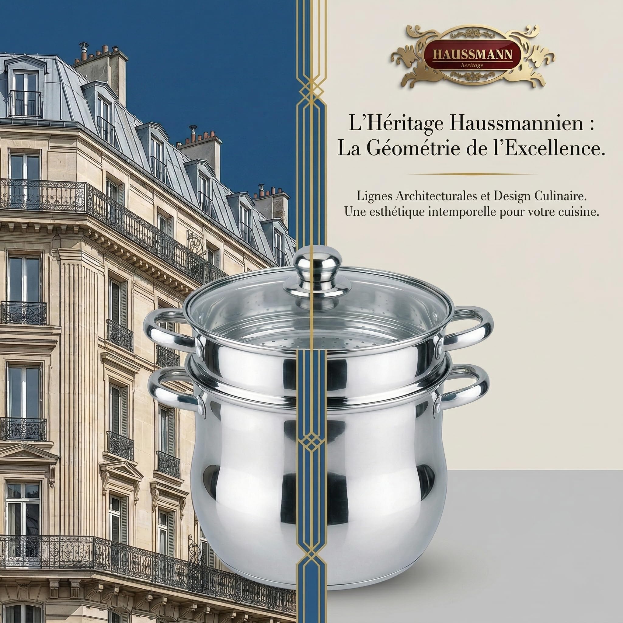 Haussmann Héritage - Couscoussier 3 en 1 Acier Inoxydable (4L/18x15x8cm) - Cuit Vapeur & Faitout - Inclut Panier à Semoule - Couvercle Verre - Compatible Induction & Lave-vaisselle - Sans PFOA