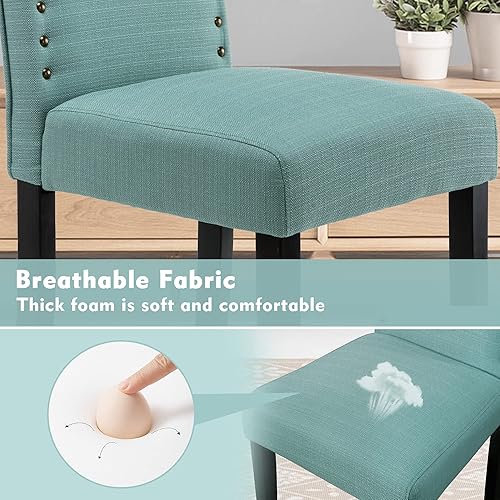 Miniatura 4 de LSSPAID Juego de 2 sillas de comedor Parsons tapizadas de tela con respaldo alto, silla de comedor con ribete de cabeza de clavo, color verde azulado