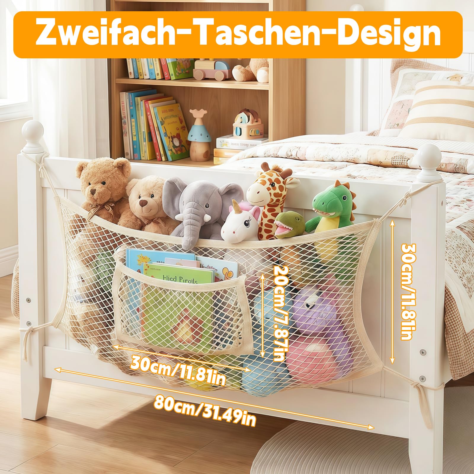 Meetory Rete per animali di peluche – 2 pezzi sul lato del letto, organizer in tessuto Boho macramè, da appendere, in cotone elastico, per cameretta dei bambini, camera da letto