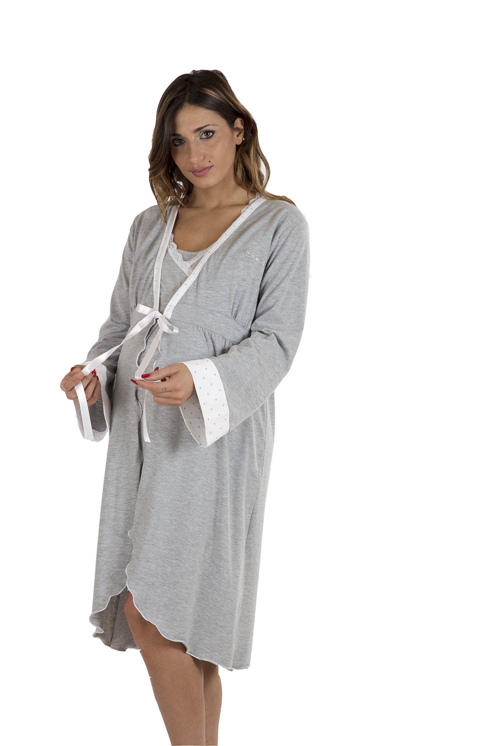 Premamy - Vestaglia da Notte per Premaman, Modello con Fiocco, Cotone bielastico, Pre-Post Parto