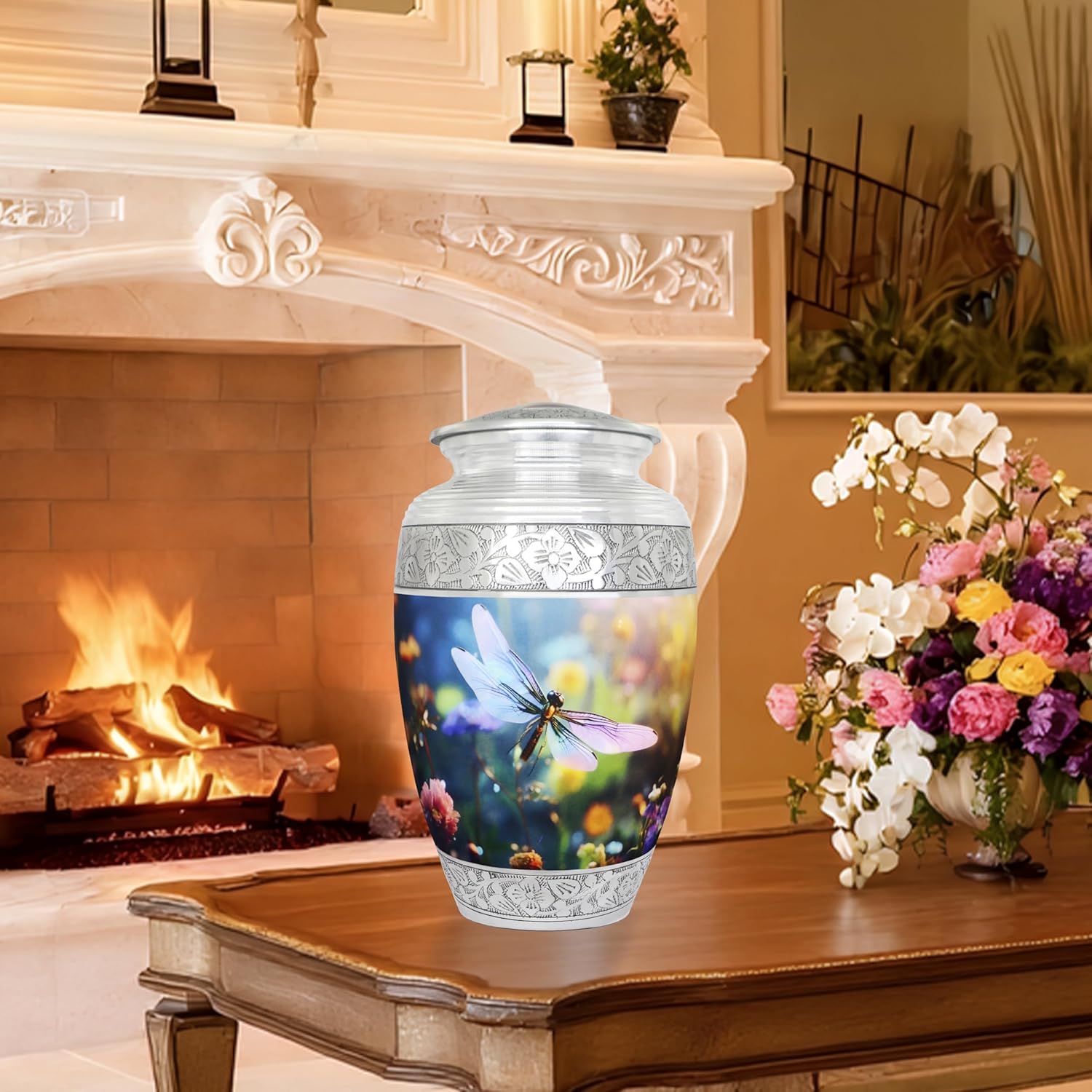 Cremation Urns for Human Ashes Adult Female & Male, Funeral Urn for Ashes for Women & Man, Burial, Decorative Urn for Ladies, Multicolour Flowers and Dragonfly - Large Full Size - Image 7