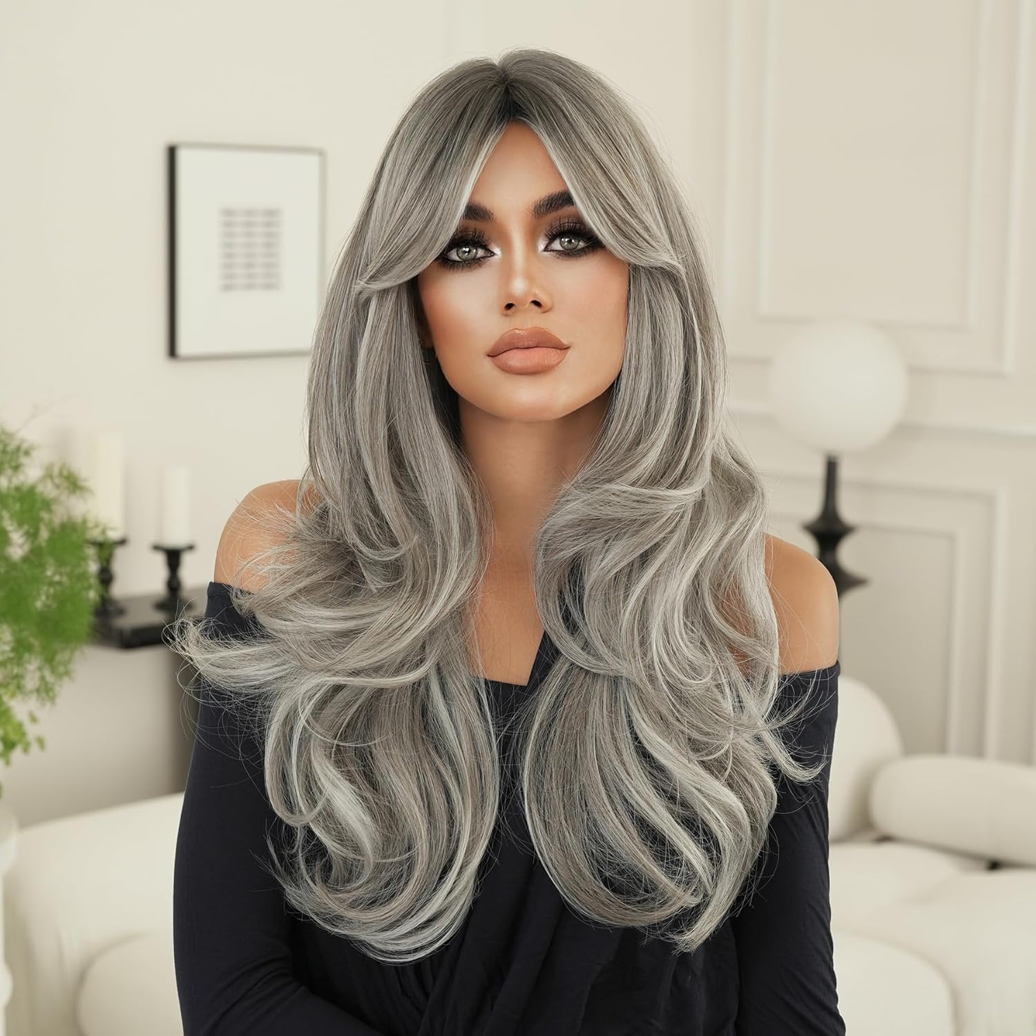 7JHH WIGS 26IN Long Hair Natural Black Highlight Red Wigs High Layered Cut Women Synthetic Heat Resistant Fiber Cutrain Bangs Wig for Women Fashion Edgy Daily Party Cosplay