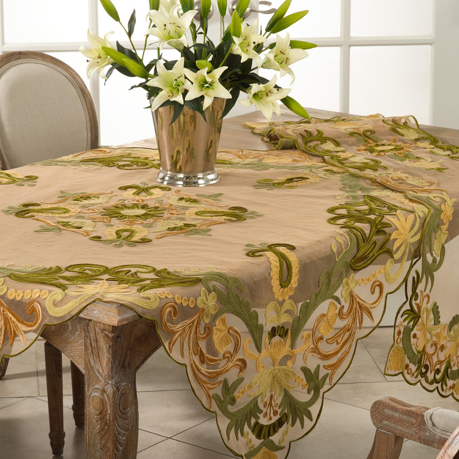 Green Embroidered Special Occasion Sheer Table Runner, 16" X 72"