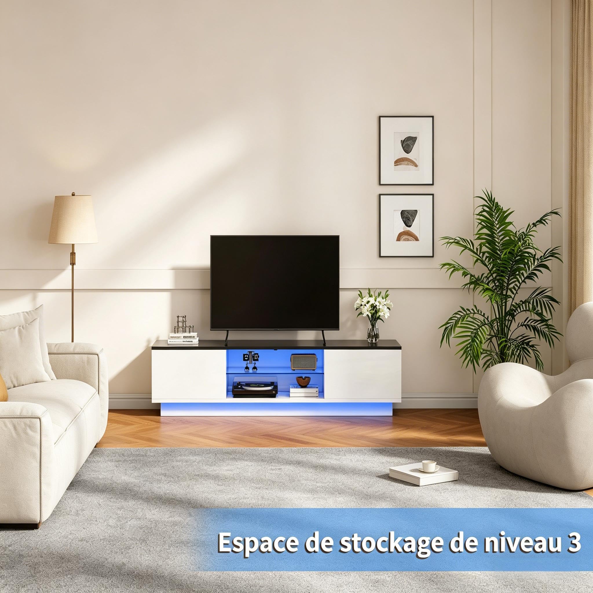 Szafka pod telewizor o długości 140 cm z diodami LED, nowoczesna szafka pod telewizor z 2 drzwiami i otwartymi półkami, podstawka pod telewizor do 65 cali biała szafka do salonu sypialnia (biały-2