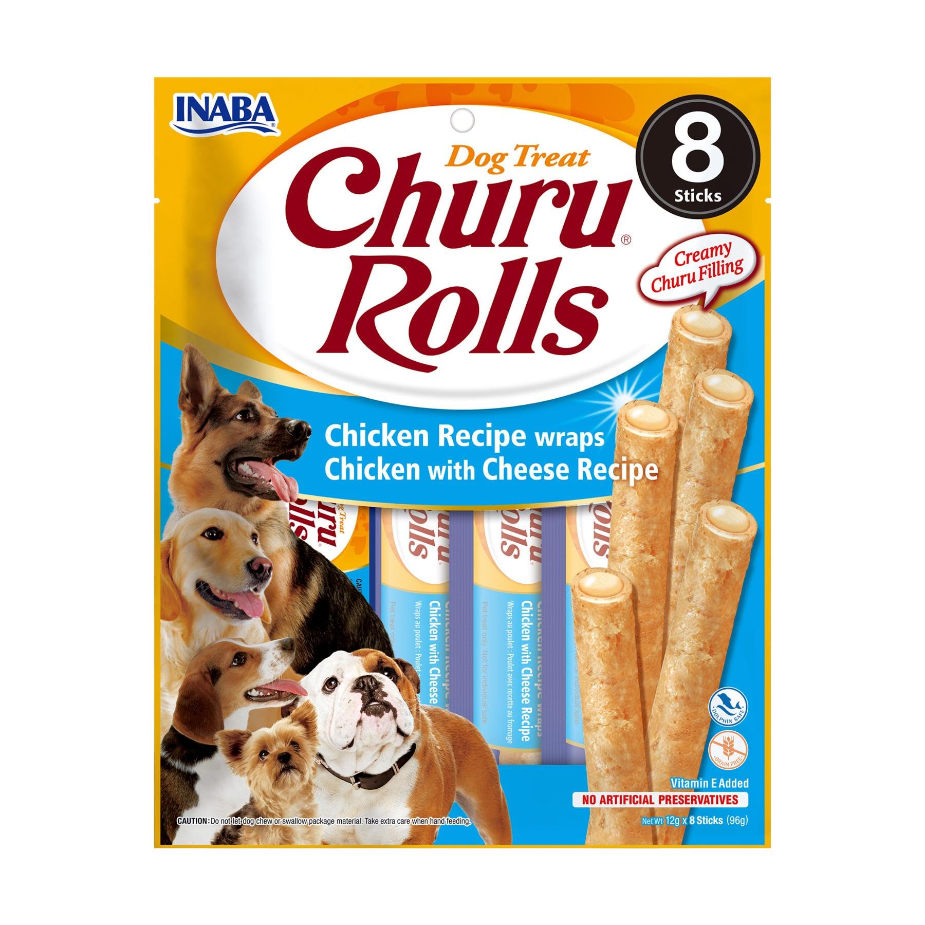 INABA Churu Rolls mit echtem Fleisch, Hundeleckerli ohne Getreide, ohne Zucker, Keine Nebenerzeugnisse, Weiche Leckerlis geeignet für Kleine Hunde und Seniorhunde mit Huhn & Käse 96 g (1er Pack)
