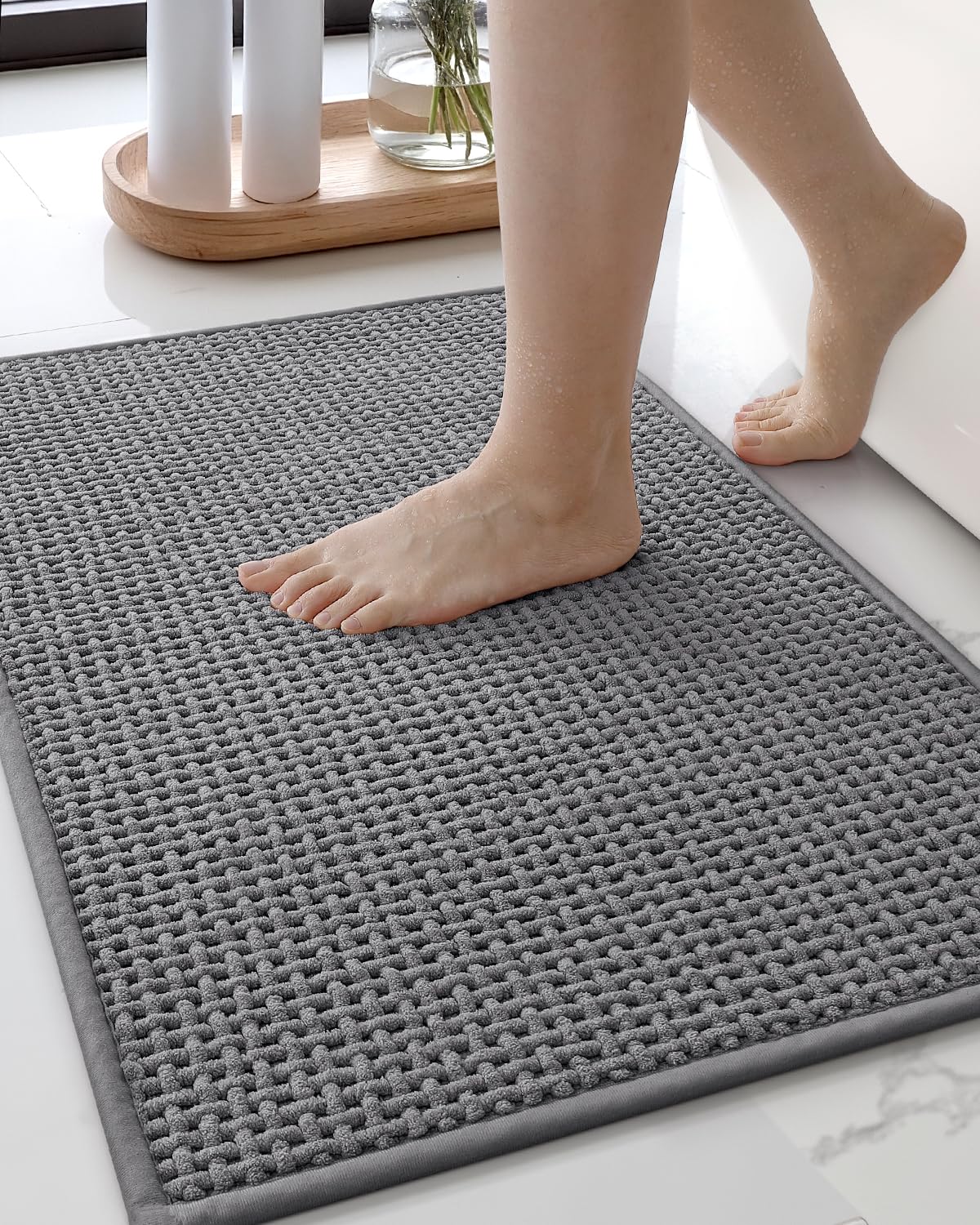 Color&Geometry Chenille Pile Large Bathroom Rugs Upgraded Denser, 24"x36" Non Slip Absorbent Grey Bath Mats for Bathroom Thin Fit Under Door, Washable