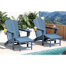 SERWALL Folding Adjustable Adirondack Chairs with Footrest Set of 2, HDPE Outdoor Chair with Dual Cup Holders, All Weather Adirondack Chair with Ottoman, Blue