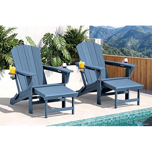 SERWALL Folding Adjustable Adirondack Chairs with Footrest Set of 2, HDPE Outdoor Chair with Dual Cup Holders, All Weather Adirondack Chair with Ottoman, Blue