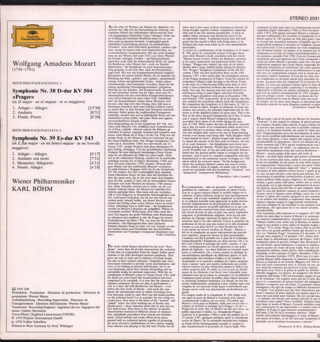MOZART - SYMPHONIES NOS. 38 & 39 LP (KARL BOHM) (15761)