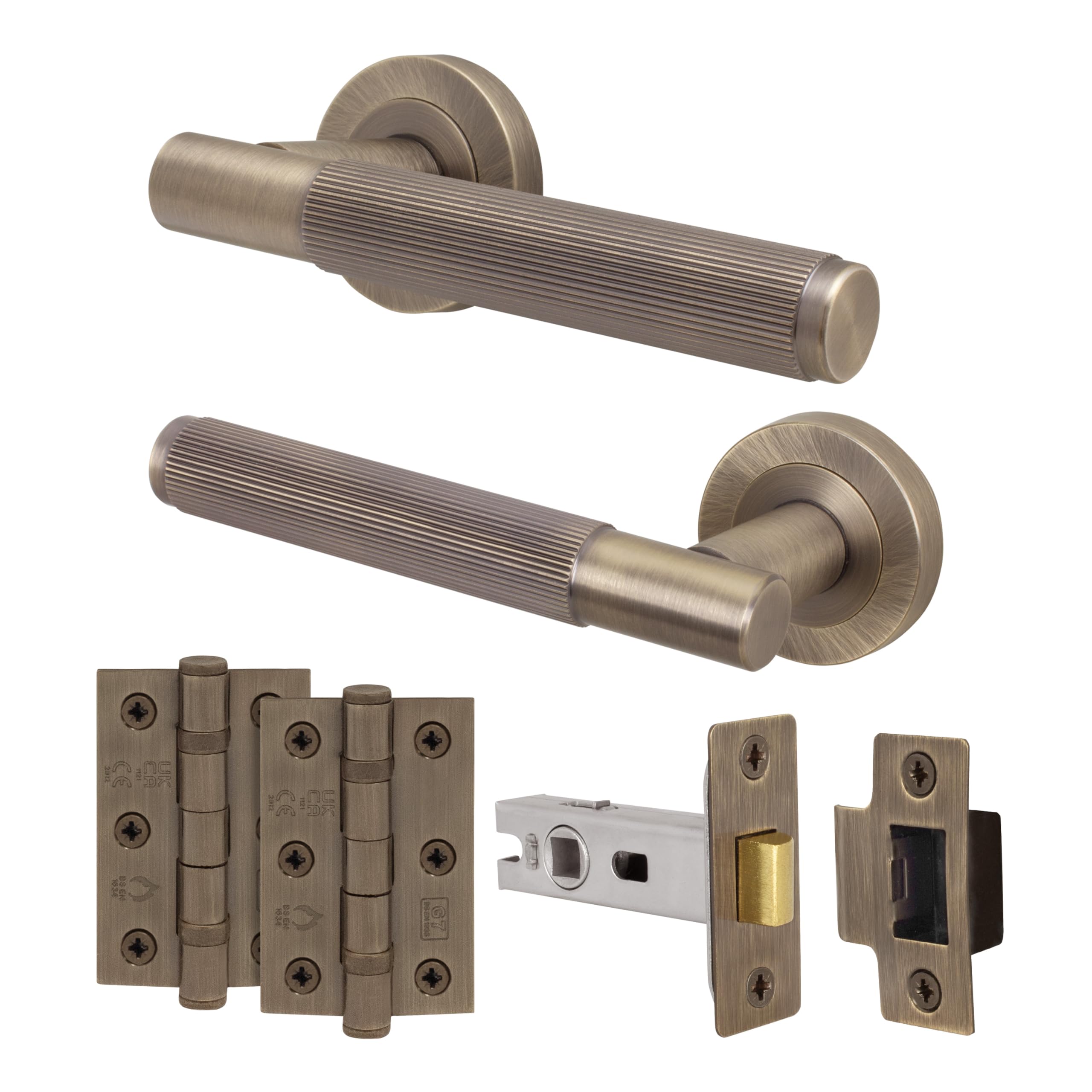 EAI Antique Brass Door Handle Latch Set, Internal Door Handle with 64mm Latch and 76mm Hinges, Oruro Range 1 Pack