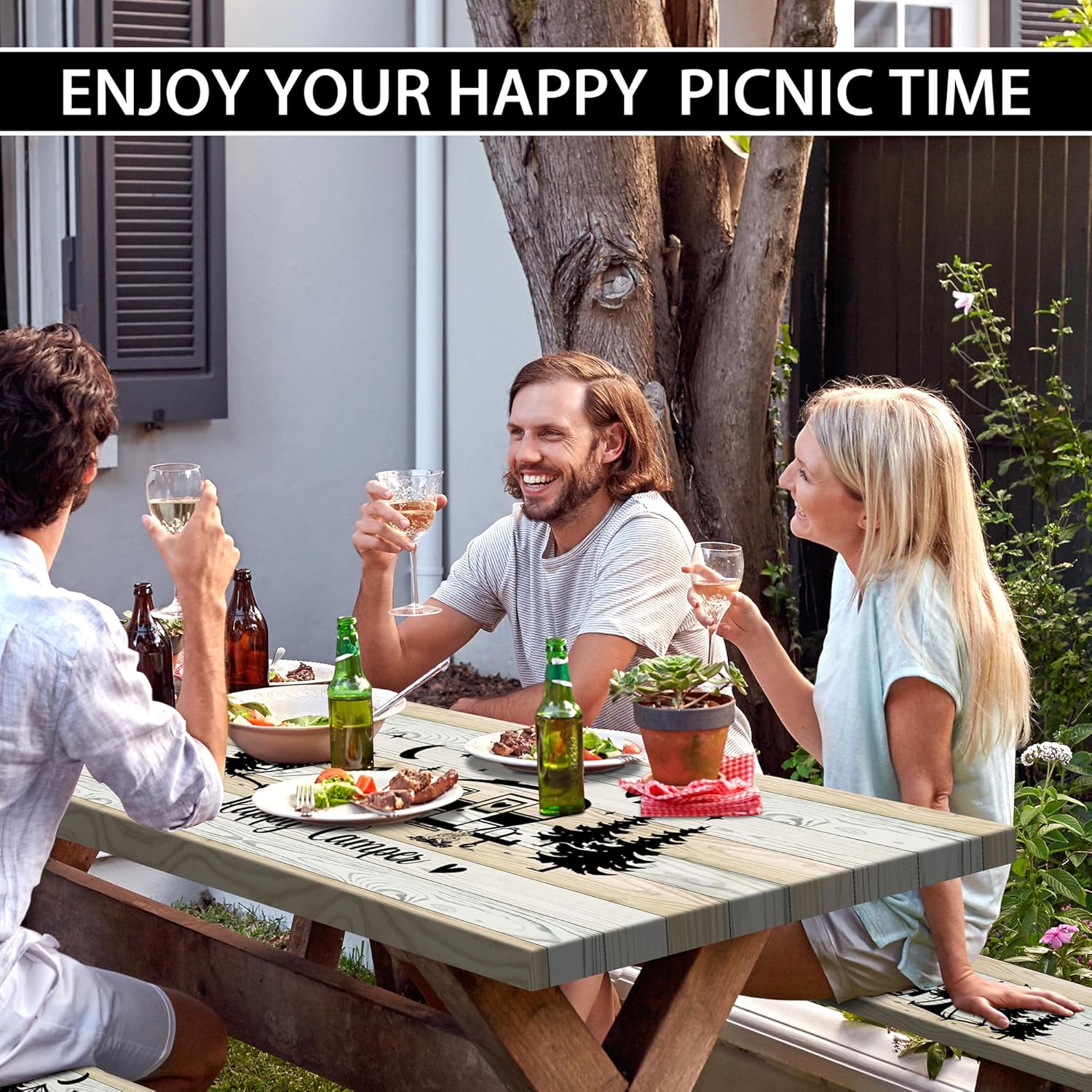 Picnic Table Cover with Bench Covers 6FT Outdoor Happy Camper Waterproof Picnic Tablecloths Camping Fitted Tablecloth with Elastic Rectangle Table Cover (3pcs-72")