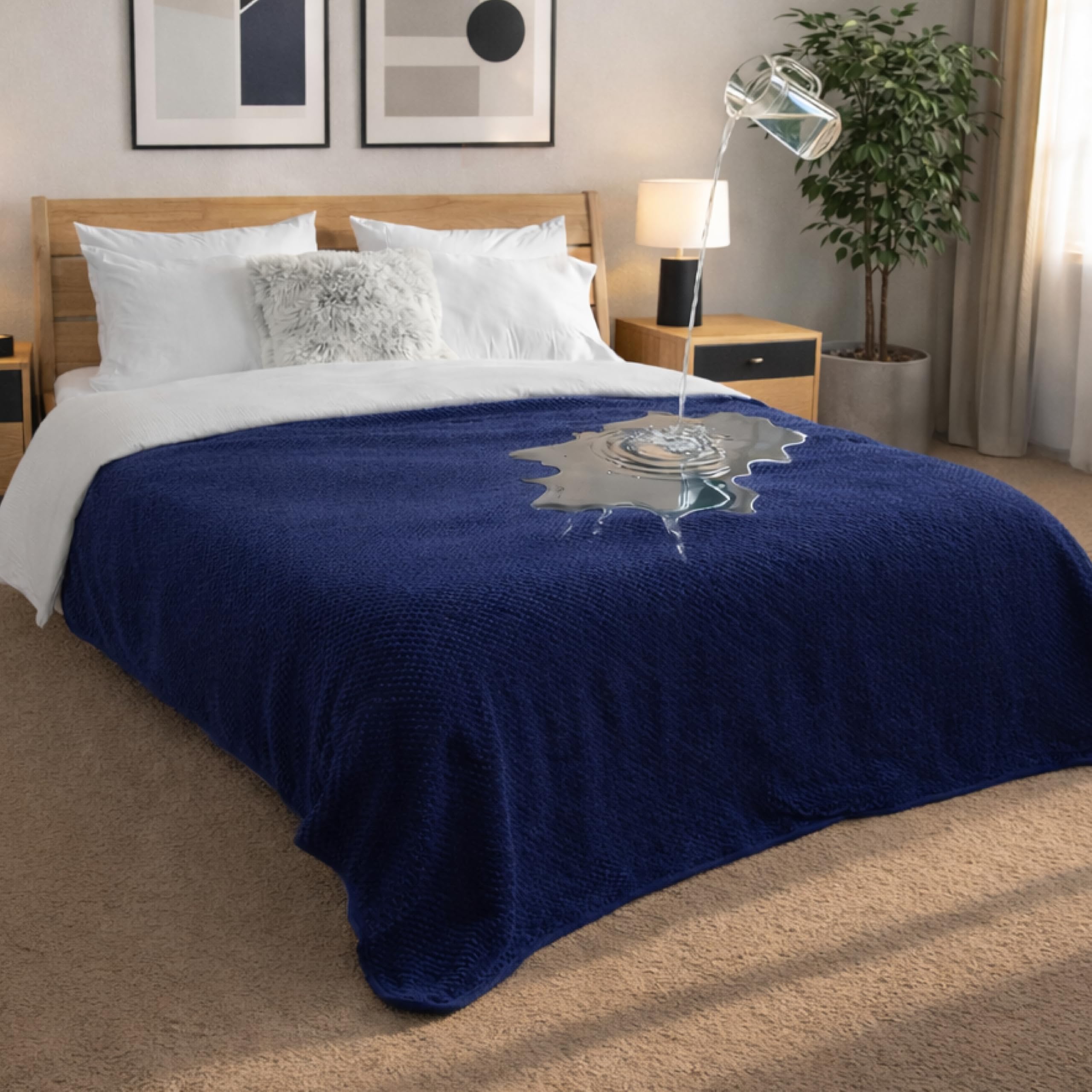 Dreamzie Coperta Impermeabile 152x203cm - Cerata Letto Matrimoniale Reversibile e Lavabile in Lavatrice in Pile Sherpa per Letto o Divano - Copridivano impermeabile per animali - Blu navy