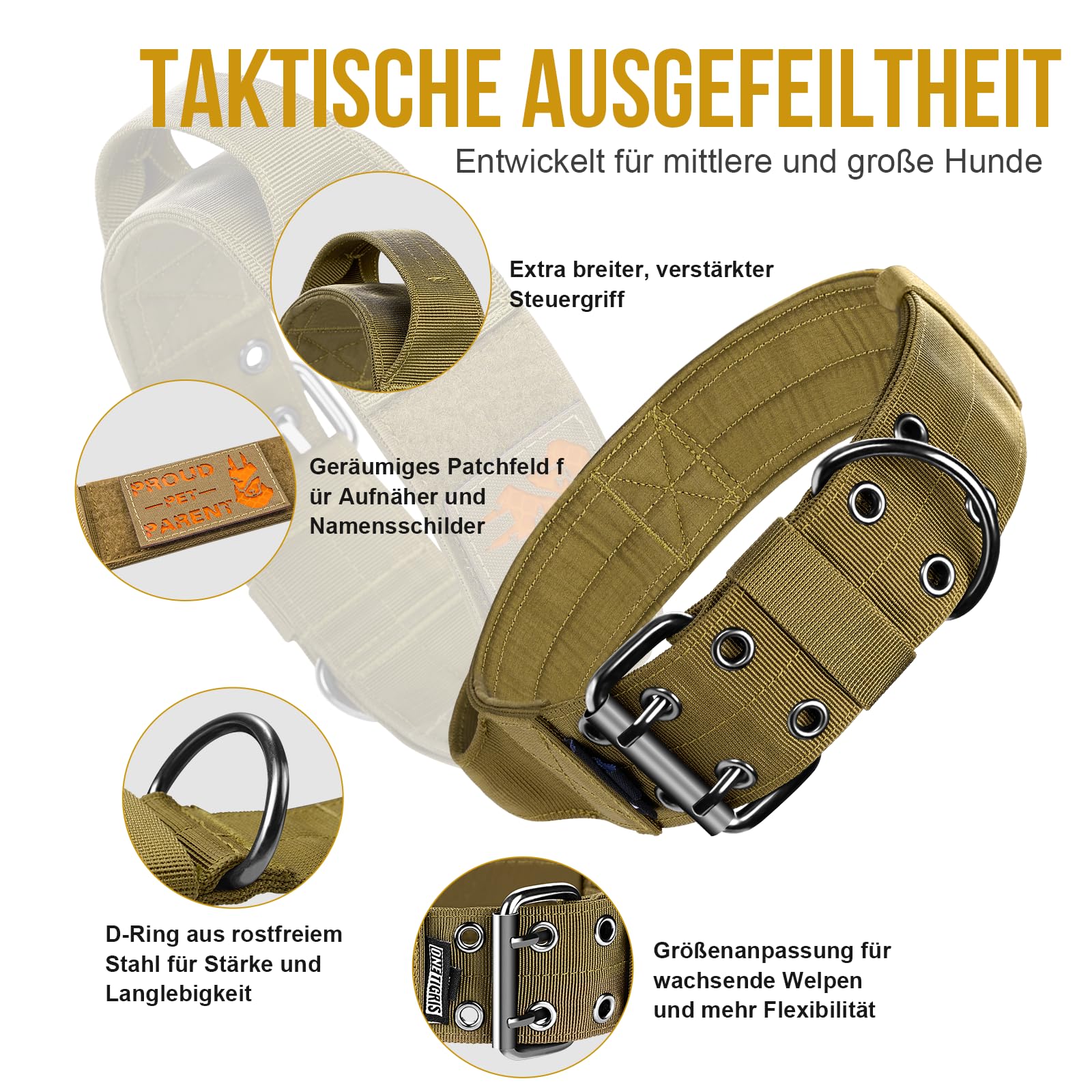 OneTigris Collier pour Chien de 5 cm de Large avec Poignée et Patch pour Grands Chiens - Marron - Taille L