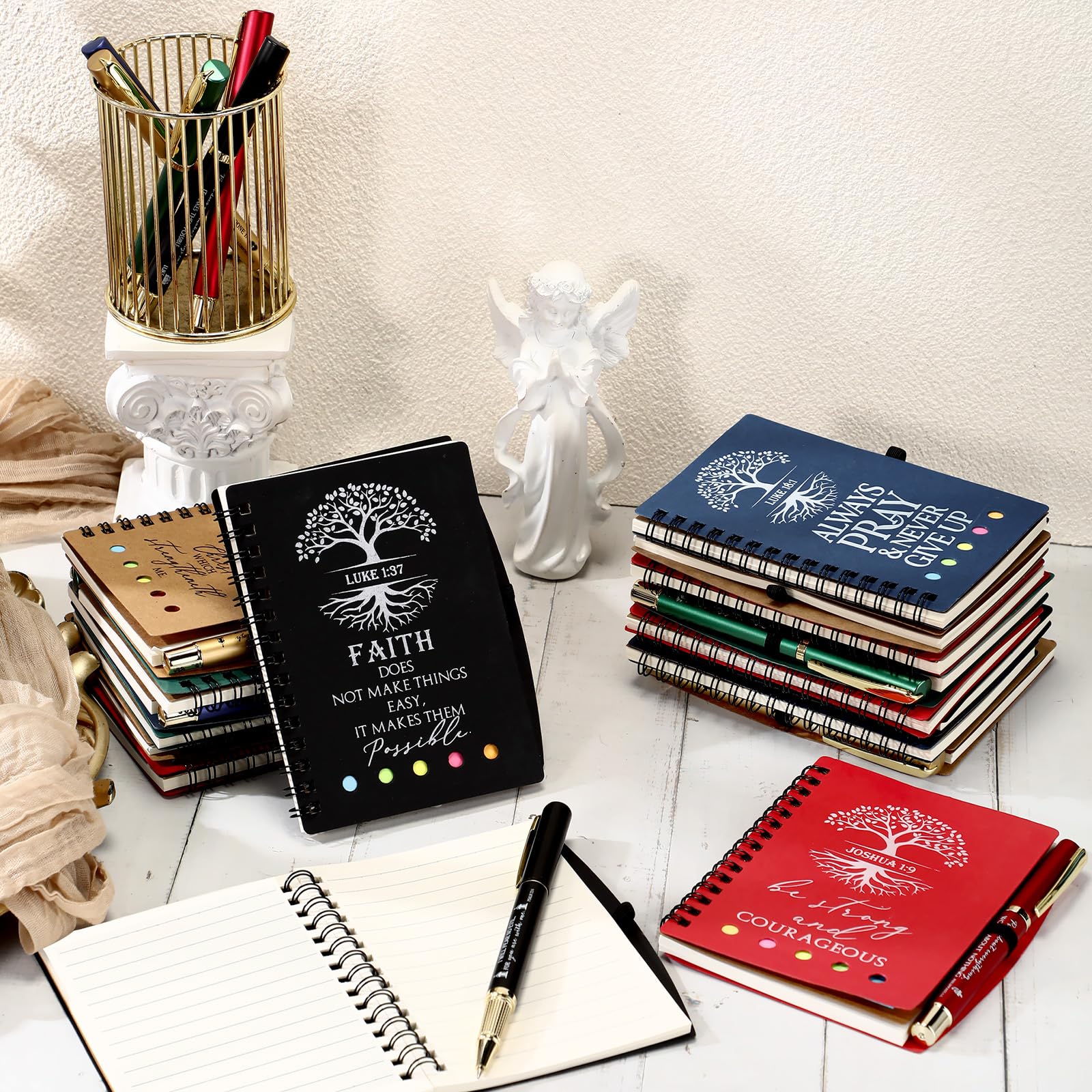 Dunzoom 100 cuadernos de oración de regalo cristiano con notas adhesivas, bolígrafos para estudio bíblico, árbol religioso de la vida, diario A6, regalo inspirador para la escuela de la iglesia