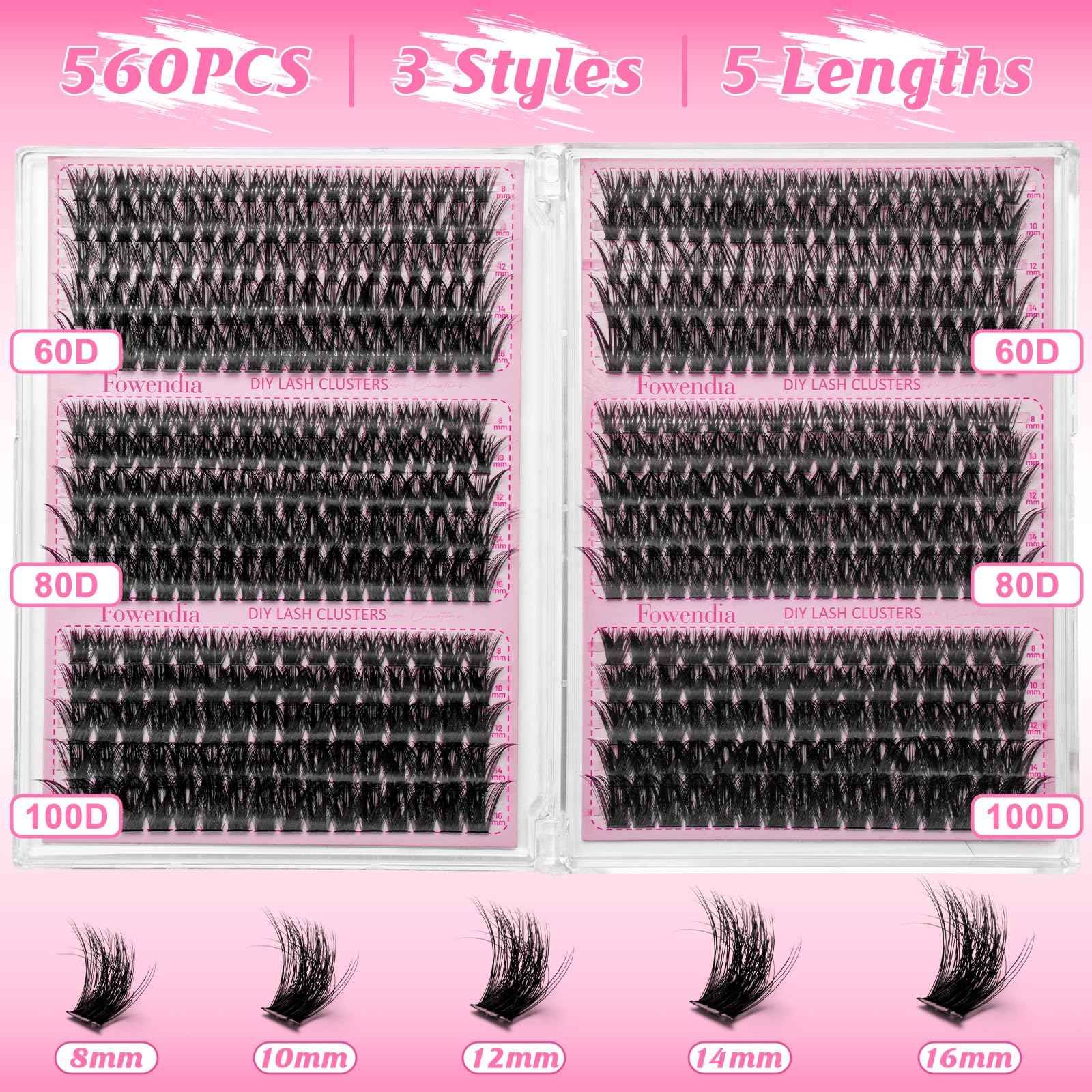 Fowendia Lash Clusters 60D 80D 100D Volume Cluster Lashes 560PCS Fluffy Lash Extensions D Curl Eyelashes Individual Lashes Natural Look DIY Eyelash Extensions(FSMD02) - 3