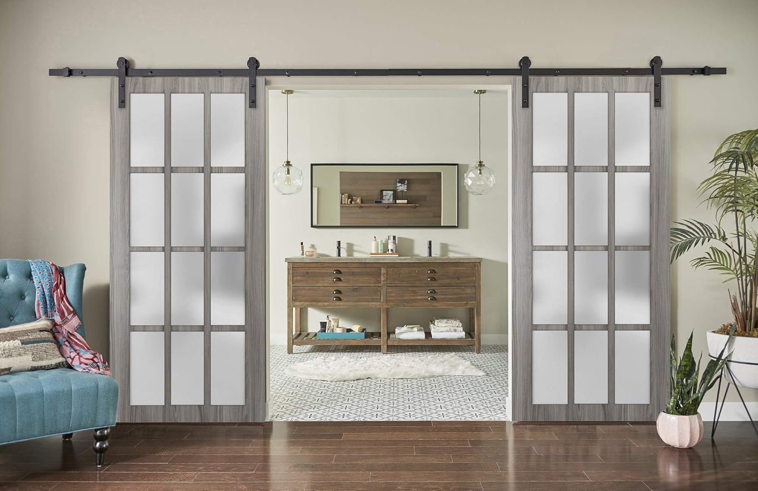 Up To 40% OFF Sturdy Double Barn Door 48 x 80 inches with Frosted Glass 12 Lites | Felicia 3312 Ginger Ash Gray | Top Mount 13FT Rail Hangers Heavy Set | Solid Panel Interior Doors