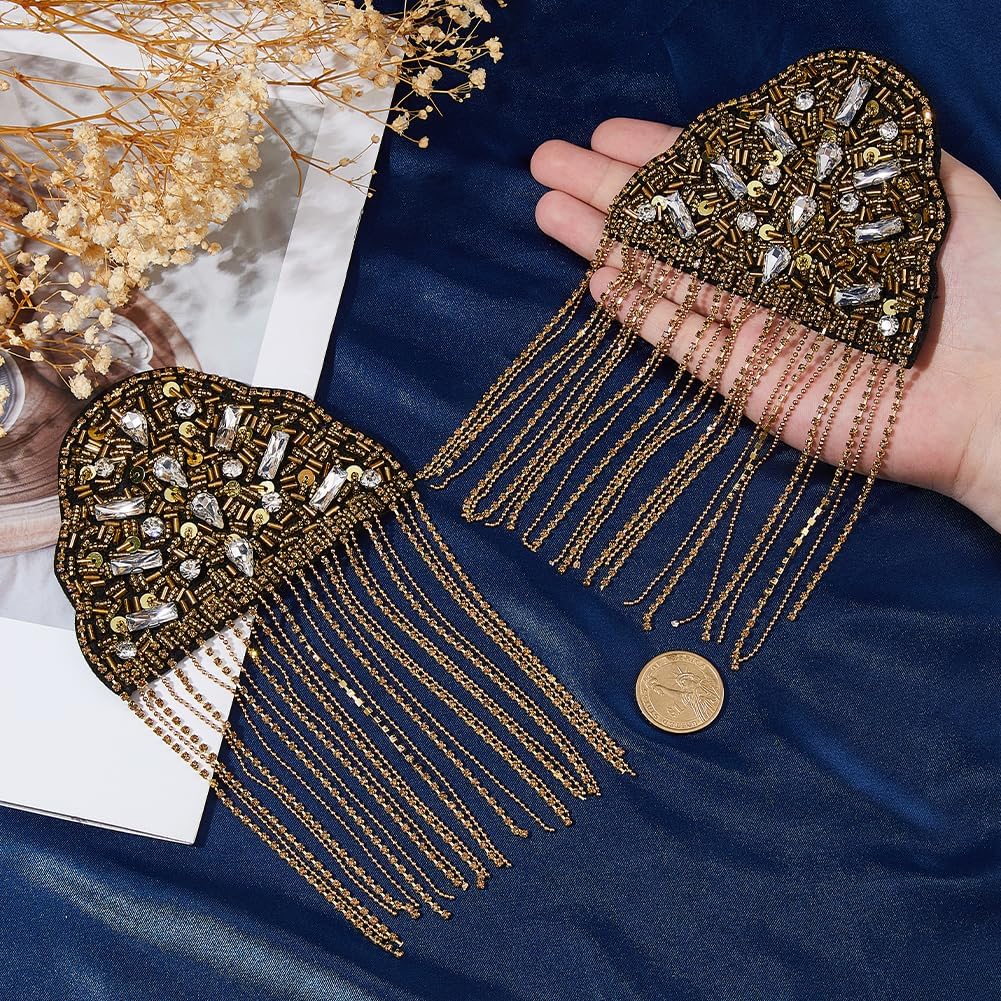 SUPERFINDINGS 2Pcs Rhinestone Shoulder Badge Rhinestone Chain Tassel Shoulders Epaulettes Shoulder Brooch Pin Garment Accessories for Jackets Metal Punk Fringe,Length:20cm