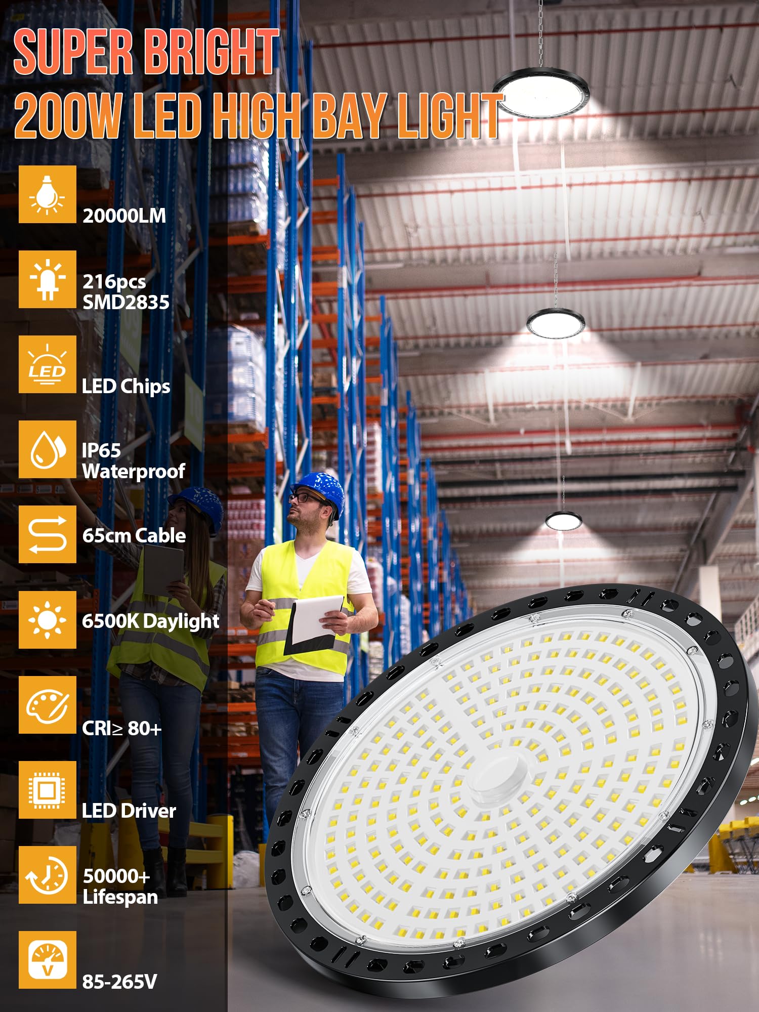 Faretto LED 200W 4 Pezzi, 20000LM UFO Lampada da Officina Industriale, 7000K Bianco Freddo Lampada da Garage, IP65 Impermeabile Faro LED, Plafoniera per Garage Magazzini Fabbrica Palestra