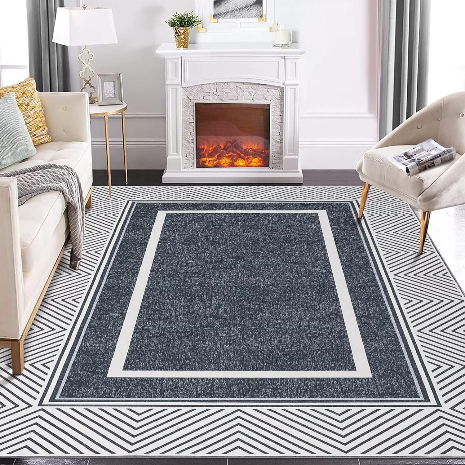 GAOMON Bordered Modern 8x10 Non-Slip Backing Indoor Area Rug Washable Rug Contemporary Bedroom Rugs Foldable Dining Room Rug Low Pile Non Shedding Throw Carpet for Living Room Home Office Dark Grey