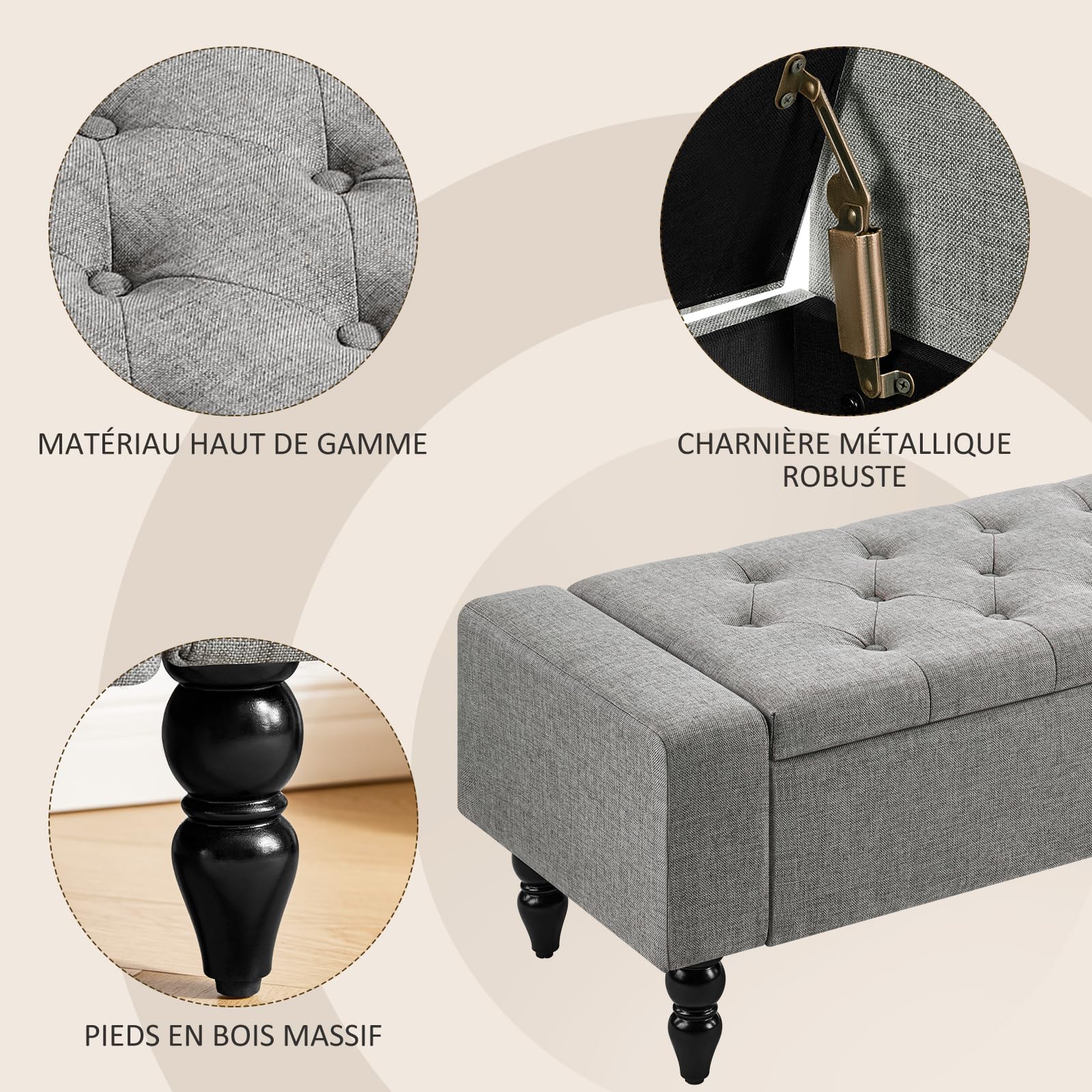 Hellove Ottoman de Rangement avec Coussin – Banc de Rangement pour Salon, Entrée, Chambre – Grand Espace de Stockage, Banc Coffre Assise Confortable, Mousse Épaisse & Structure Robuste, Gris