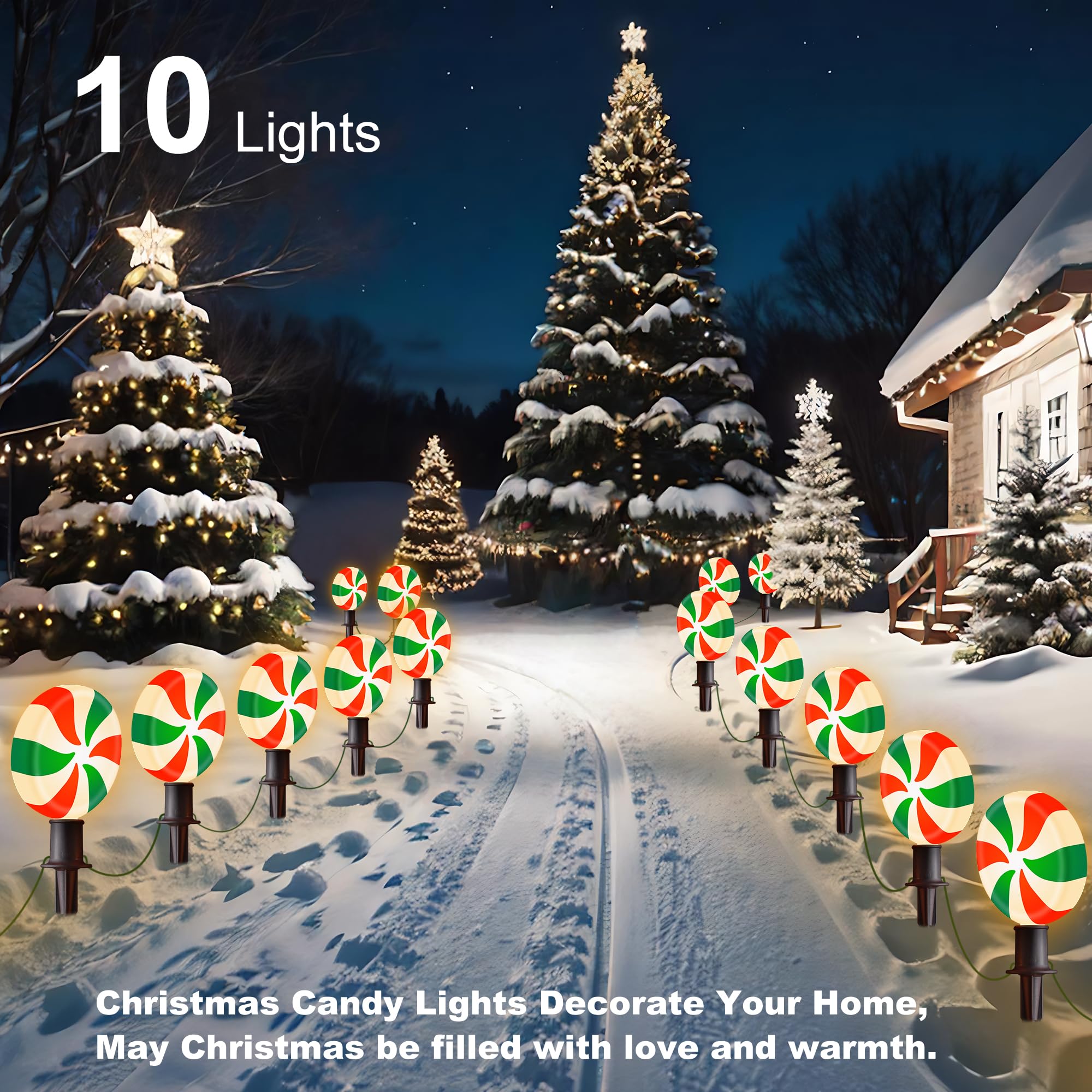 Luces de camino de piruleta de Navidad para jardín, decoración de Navidad, rojo y verde, 10 luces LED de menta con estacas para acera al aire libre, camino, techo, césped, jardín