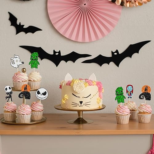 Miniatura 4 de 24 piezas de decoración de cupcakes de Halloween con purpurina de calavera fantasma Jack y Sally para cupcakes para pesadilla de Navidad, boda,