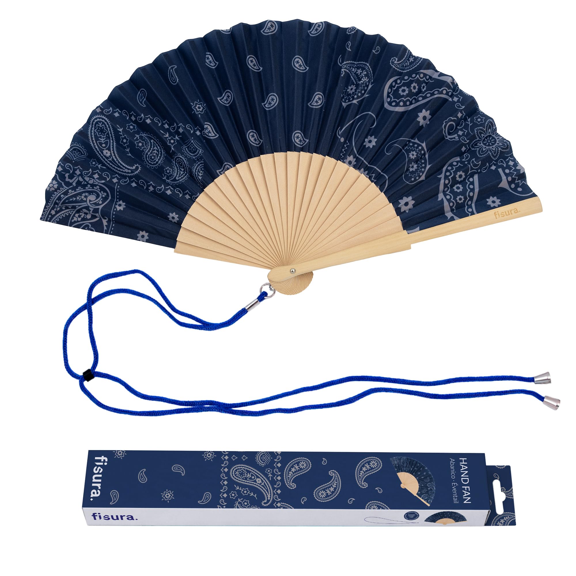 Fisura – Original Blue Paisley Print Folding Fan, Modern and Colourful Folding Handheld Fan, Navy Blue Design for Wedding, Rave, Festival - Includes Strap. Size: 42.5 x 23 cm