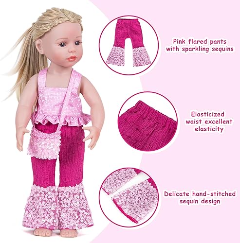Miniatura 3 de Rakki Dolli Juego de 3 accesorios de ropa para muñecas, camisola rosa, camisa corta con correa para el hombro y pantalones acampanados con