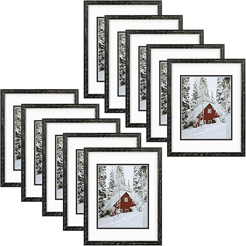 Golden State Art, Marco de madera negra envejecida de 11 x 14 pulgadas con paspartú doble blanco sobre negro, muestra fotos de 8 x 10, vidrio real, disponible en Yaxa Colombia