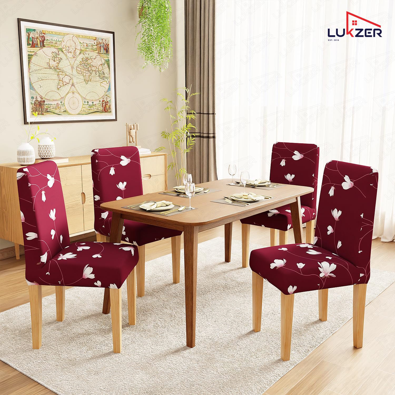 Lukzer 6PC's Maroon Flower Design Stretchable Dining Chair Cover | Universal Fit Removable Washable Slipcover | 140 GSM Polyester Spandex | Elastic Protective Cover for Home & Hotel Chairs (CC-009-06) 4