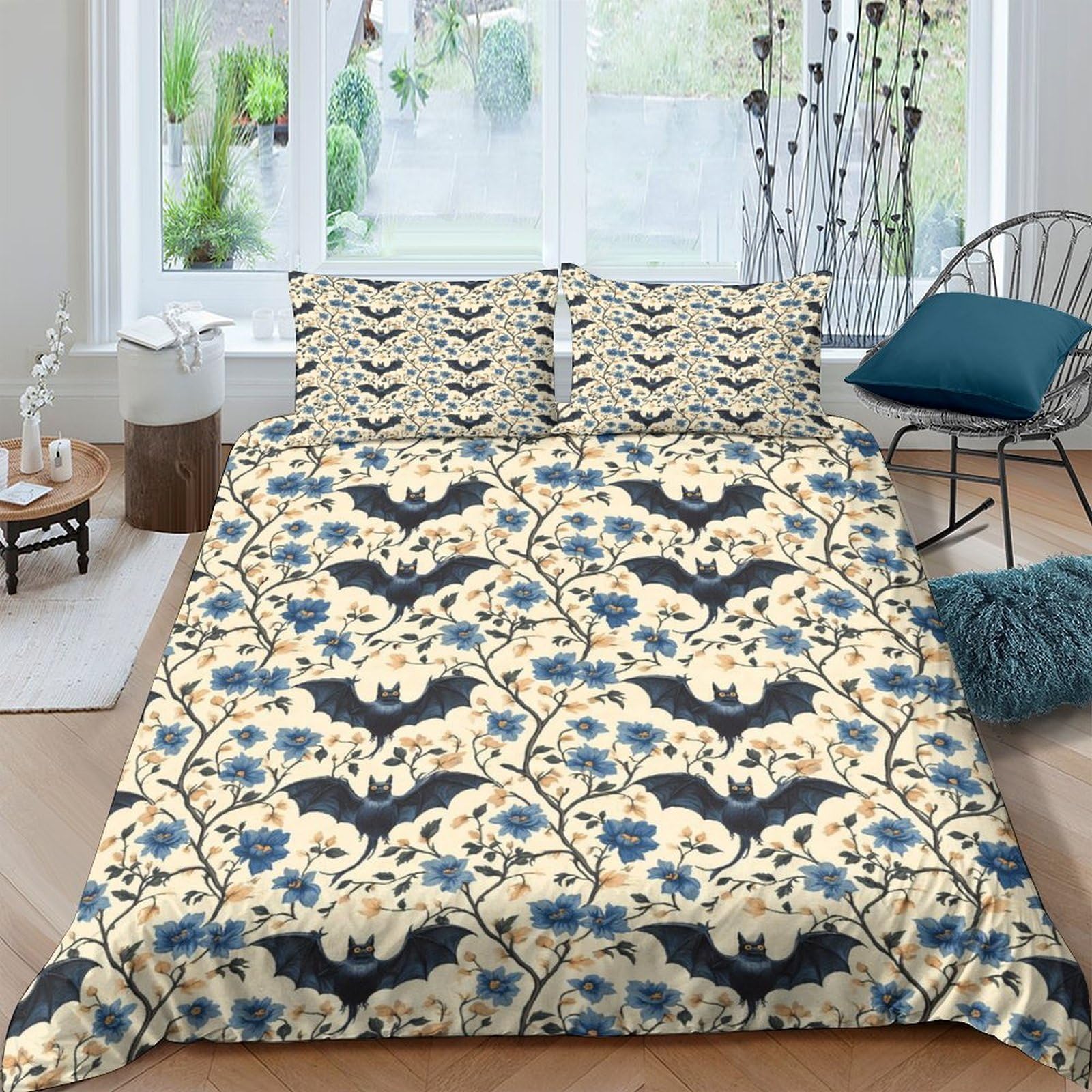 GPLZQXKJNH 3D Printed Vintage Bat Pattern Duvet Cover Microfiber Soft Breathable Gothic Floral Bedding Set with 2 Pillowcases for Bedroom Decor Single（135x200cm）