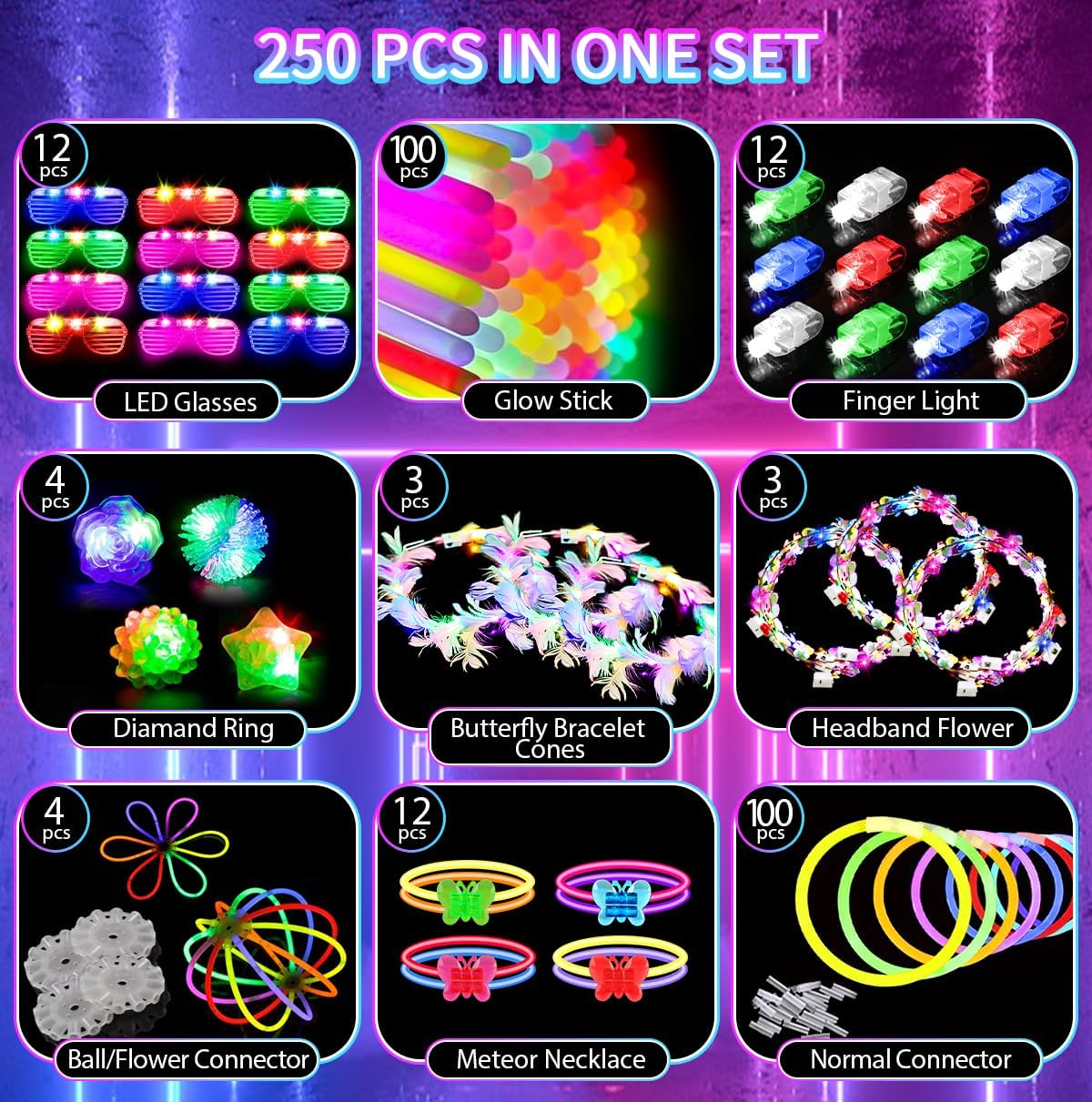 JOJUJB 250PCS Glow in the Dark Party Supplies for Kids Adults,Light Up Party Favors with Light Up Toy Glasses,100 Glow Sticks Bulk Party Pack DIY Glow Necklaces,Bracelets hora loca accessories - Image 2