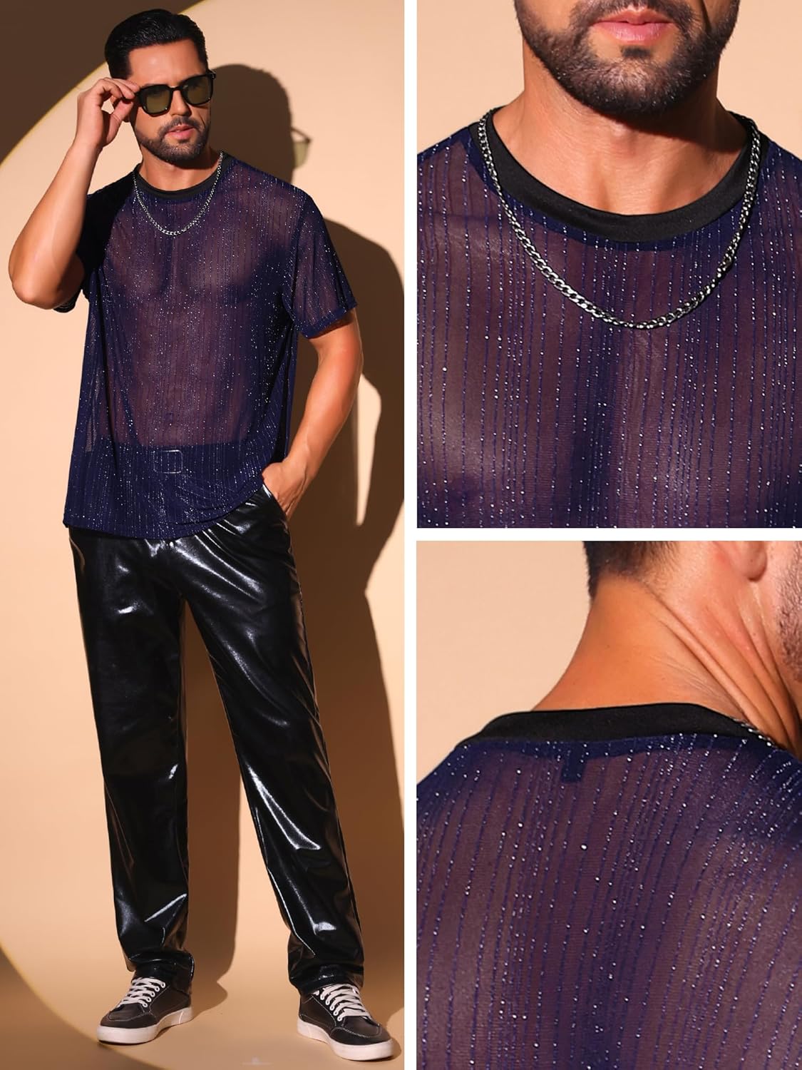 Lars Amadeus Shiny See Through T-Shirt for Men's Breathable Short Sleeve Party Sheer Mesh T-Shirts - Image 5
