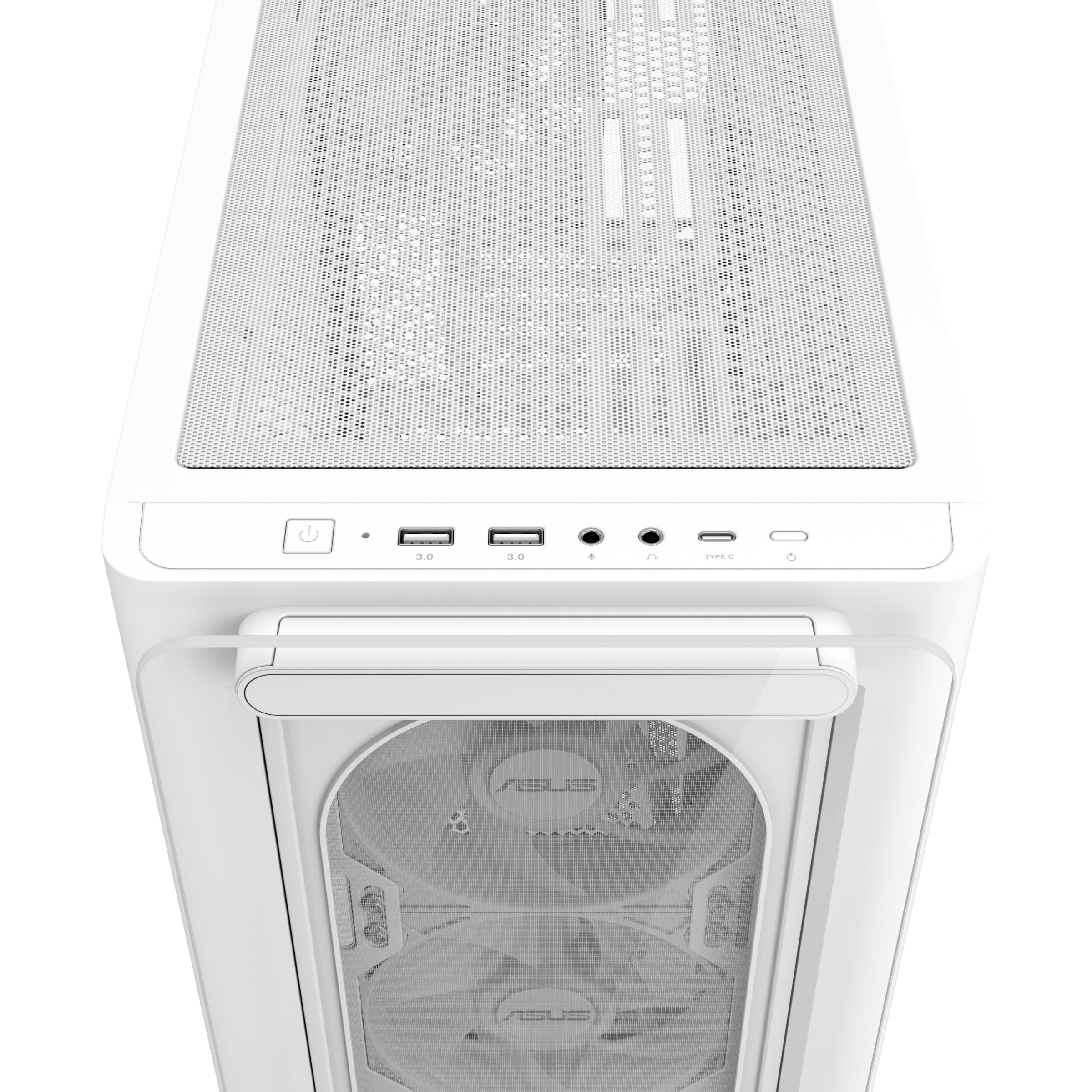 ASUS A23 Plus TG ARGB White microATX obudowa PC (fabrycznie zainstalowany wentylator ARGB, panel przedni z siateczki, kompatybilna z płytami głównymi z ukrytymi złączami, grzejnikami 360 mm, kartami